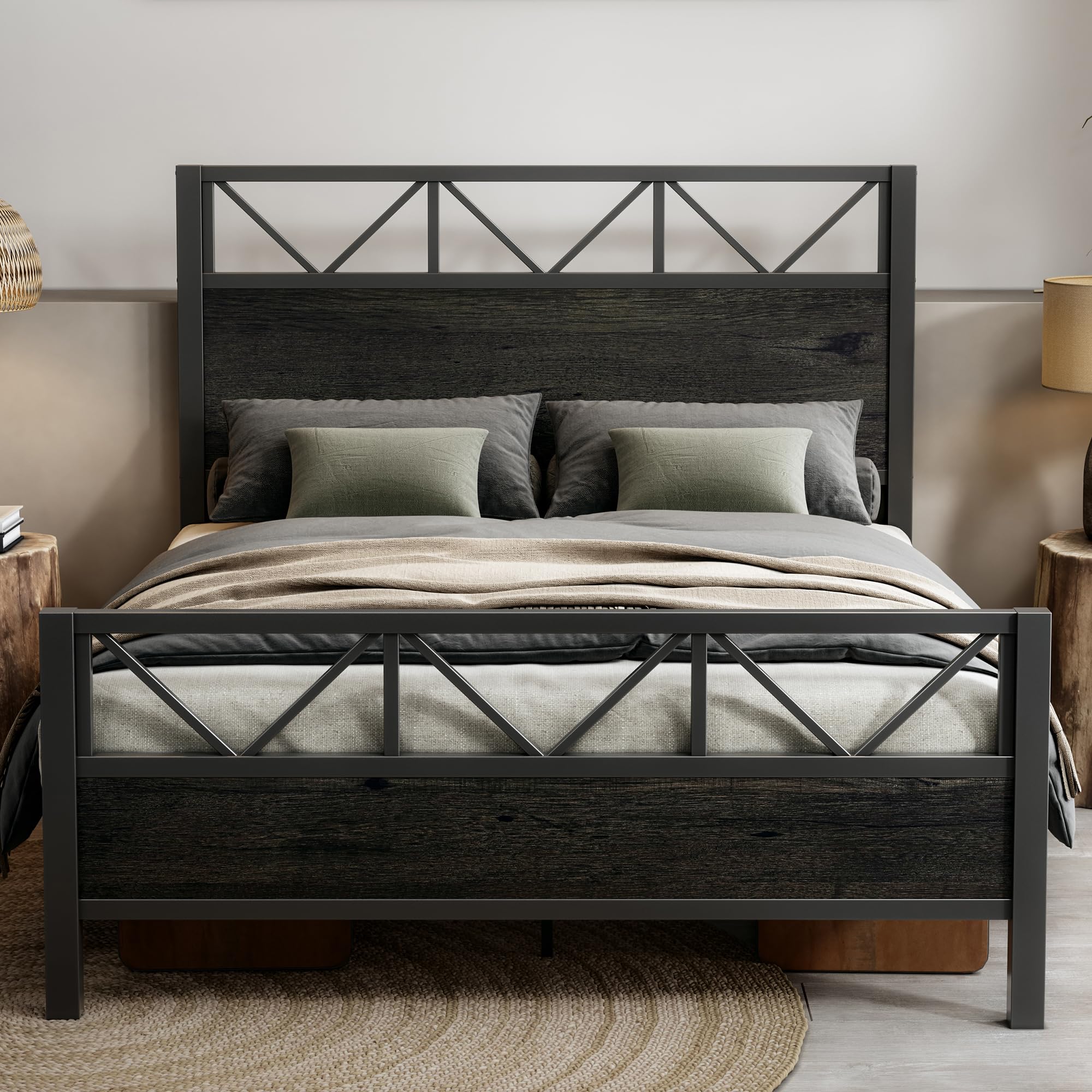 LIKIMIO Queen Bed Frame, Tall Industrial Headboard 51.2 , Platform Bed Frame with Strong Metal Support, Solid and Stable, Noise 