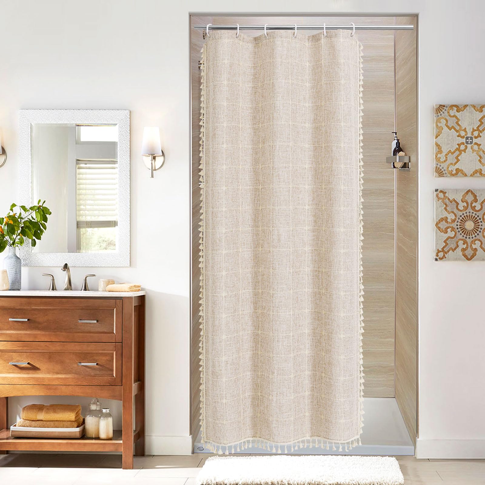 MitoVilla Boho Small Stall Shower Curtain 36 x 72, Grey Half Size Narrow Polyester Linen Tassel Cloth Fabric Shower Curtains for