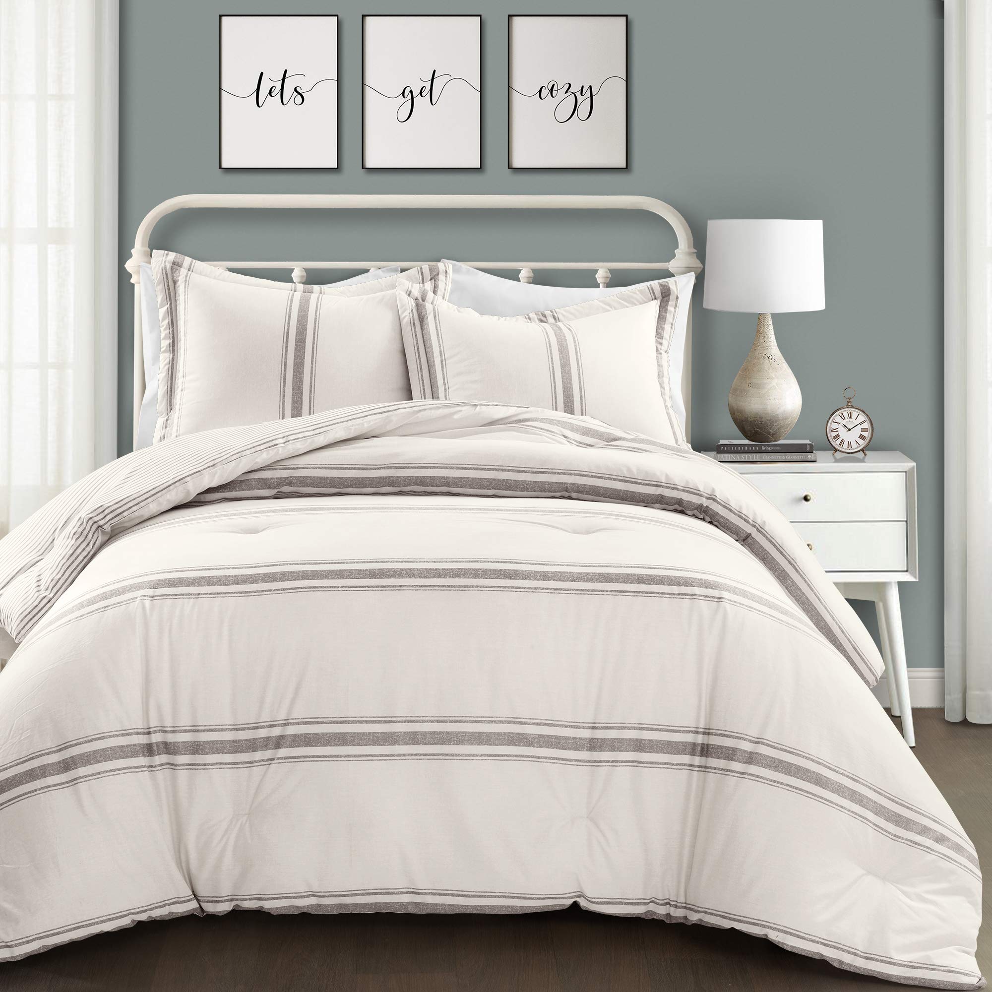 Lush Decor Farmhouse Stripe Reversible Cotton Comforter Set, 3 Piece Set, King, Gray - Cozy F??rmhouse Bedding Set - Rustic Deco