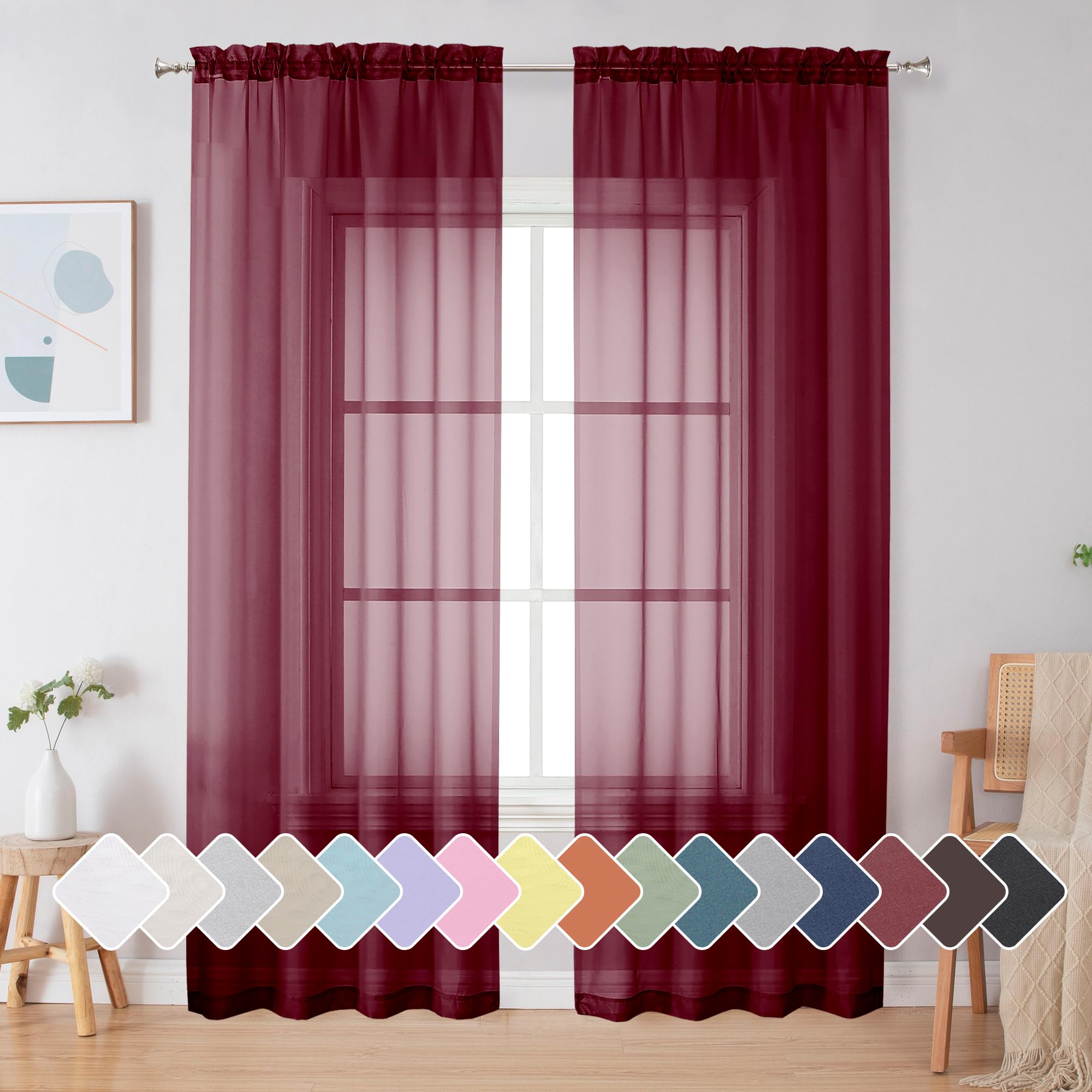 Simplebrand Red Sheer Curtains 84 Inches Long, Light Filtering Rod Pocket Solid Color Window Sheer Curtain Panels, Elegant Curta