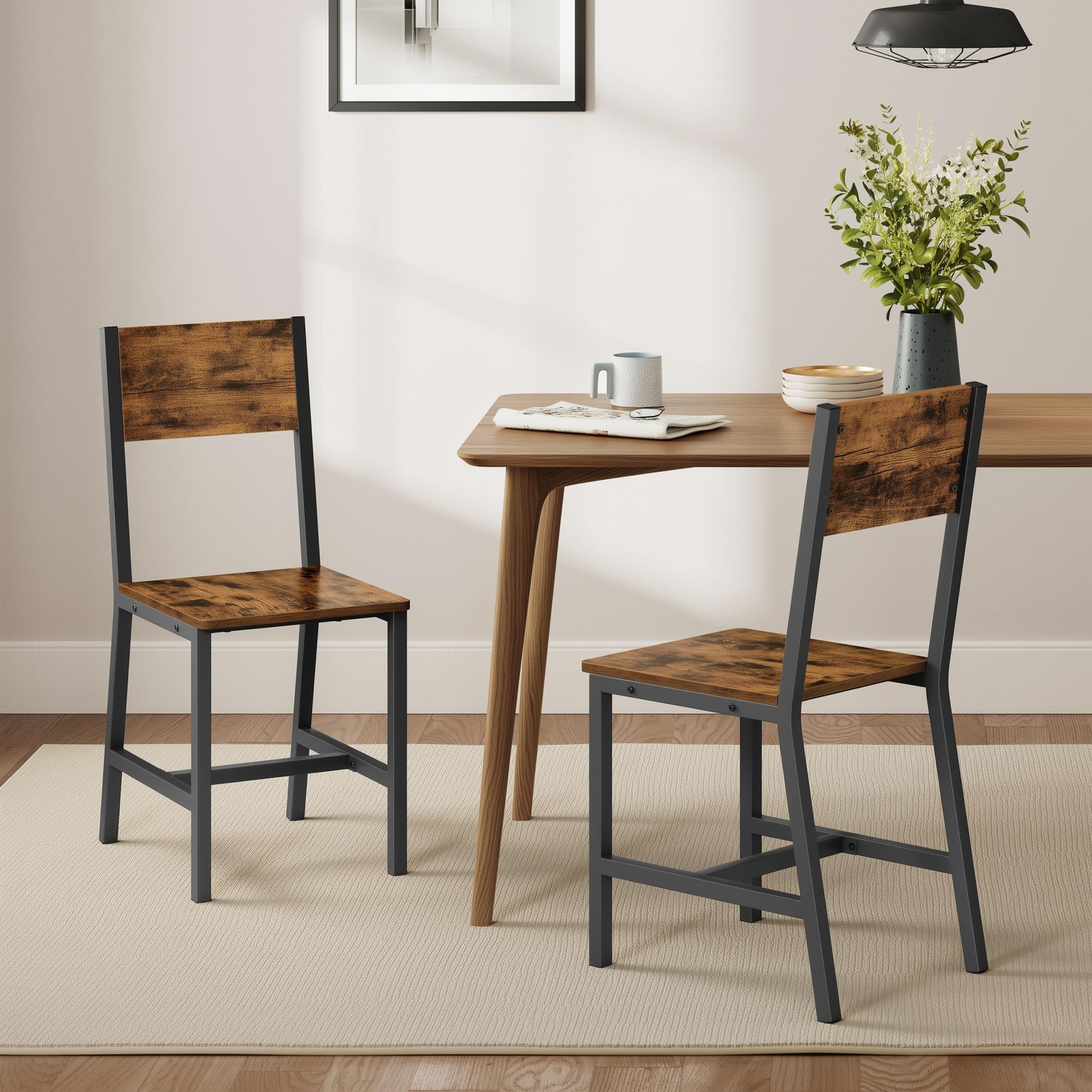 VASAGLE Dining Chair Set of 2, Rustic Wood Chairs with Metal Steel Frame, Easy to Assemble, Comfortable Seat, Modern Farmhouse C