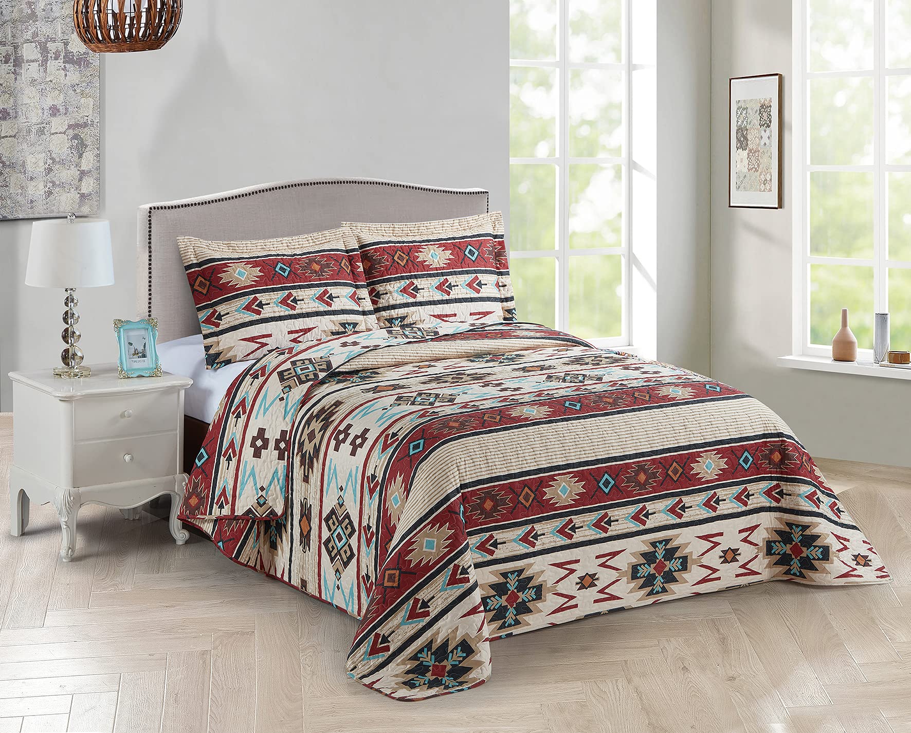 Rustic Striped Southwestern Quilt Stitched Western Bedspread Bedding Set with Beige Brown Burgundy Turquoise Tribal Native Ameri