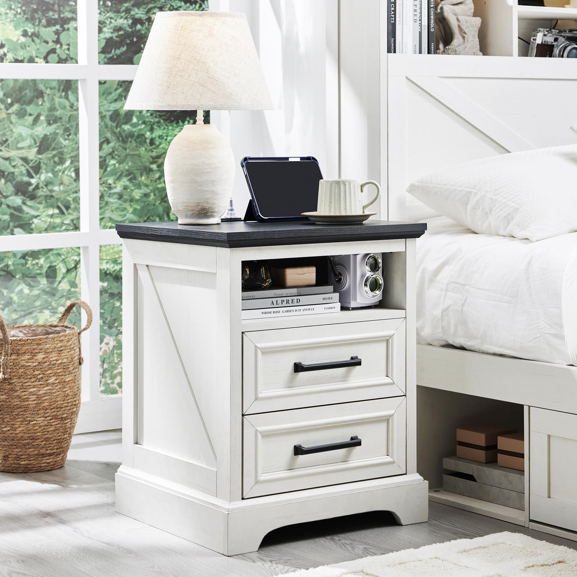 ACCOHOHO 18 Farmhouse Nightstand with Charging Station,End Table with 2 Drawers Storage,Side Table,Bedside Cabinet for Bedroom,L