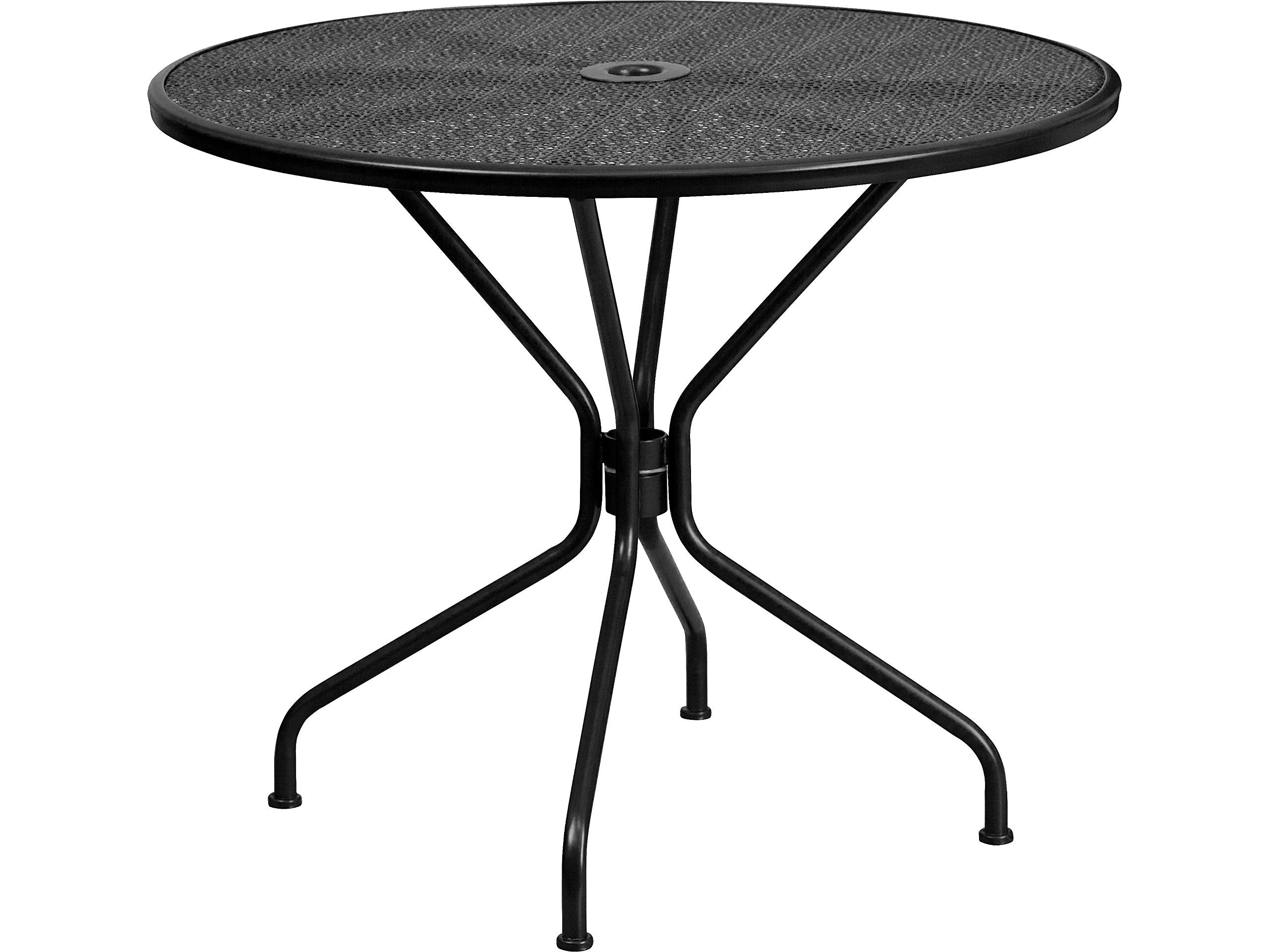 Flash Furniture Oia Commercial Grade 35.25 Round Sky Blue Indoor-Outdoor Steel Patio Table with Umbrella Hole