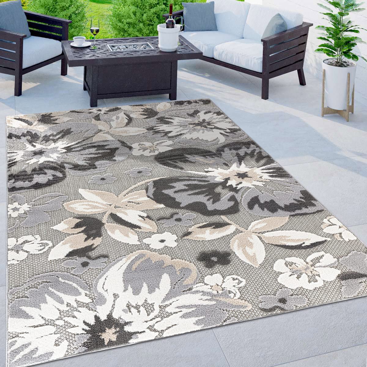 Rugshop Bergamo Contemporary Floral Non-Shedding Easy Cleaning Patio Deck Backyard Indoor/Outdoor Area Rug 5 x 7 Gray