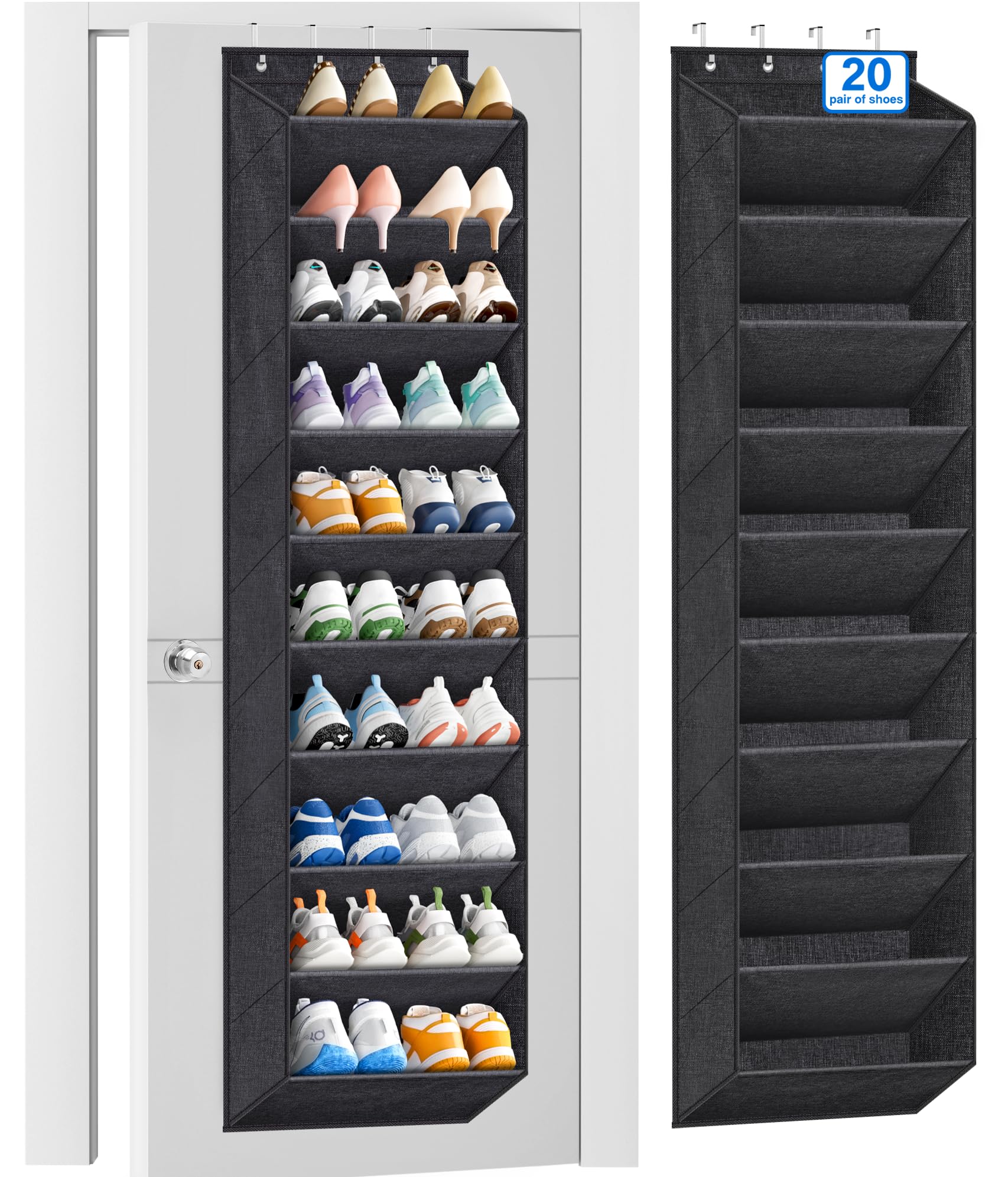 KIMBORA 10 Tier Over the Door Shoe Organizer with Large Pockets, Hanging Shoe Rack for Closet Door Storage, Fits 20 Pairs of Sne