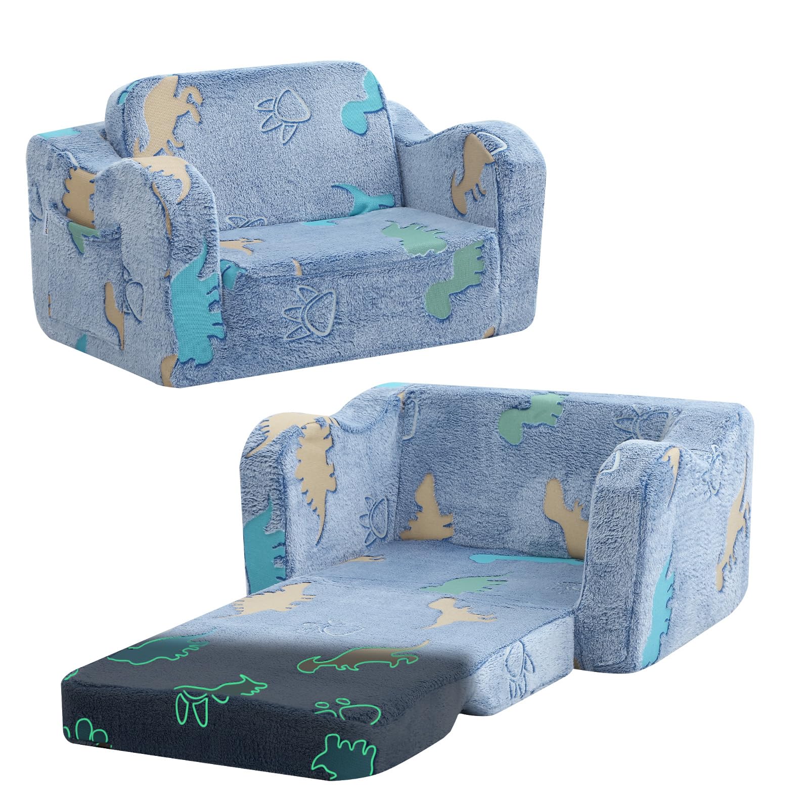 MeMoreCool Toddler Chair Comfy 1-3 Years Old, Kids Couch for Playroom, Convertible Glowing Dinosaur Flip Out Sofa, Kids Furnitur