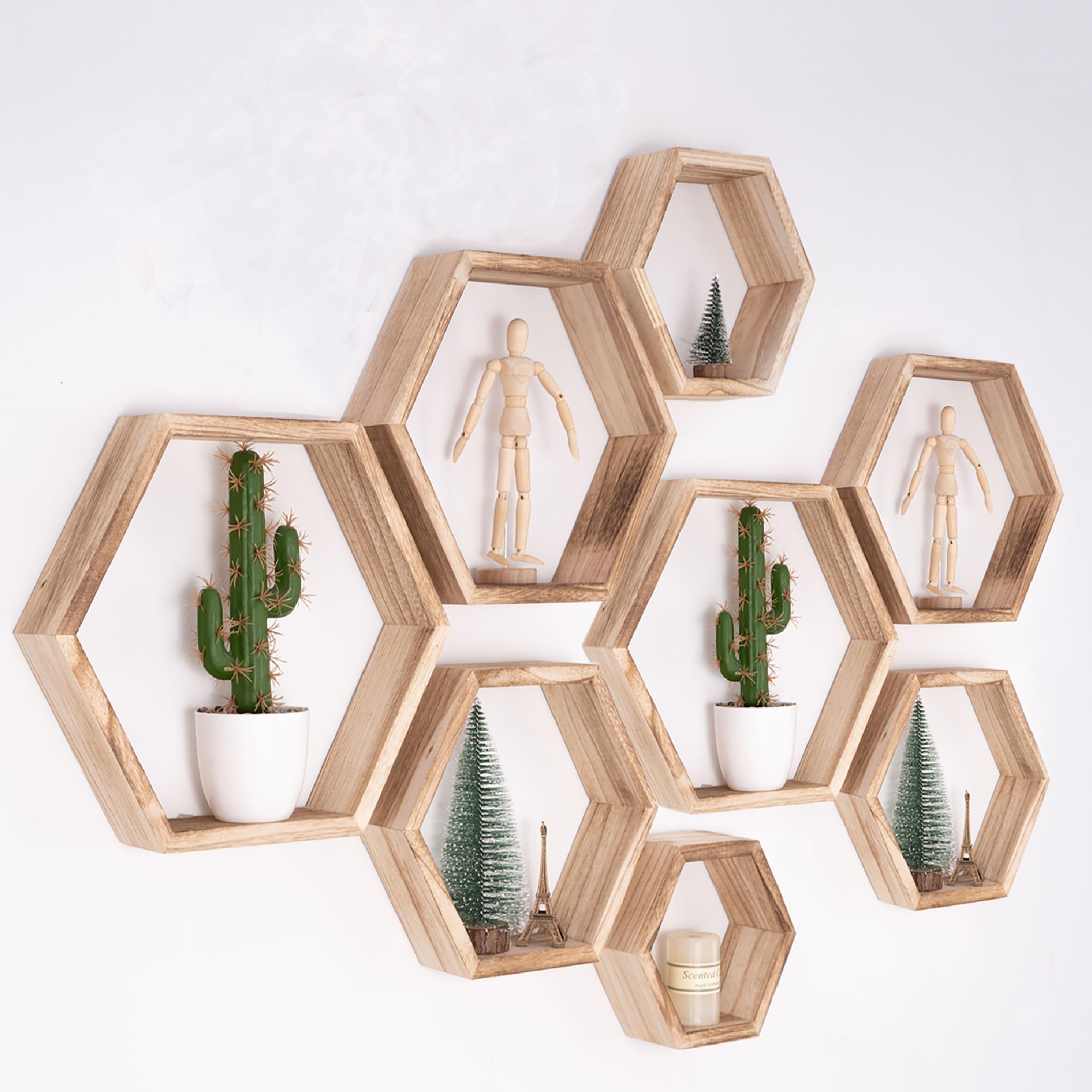 WONFUlity Hexagon Floating Shelves Set of 8, Honeycomb Shelves Wall Mounted Wood Farmhouse Storage Wall Shelf for Bathroom, Kitc