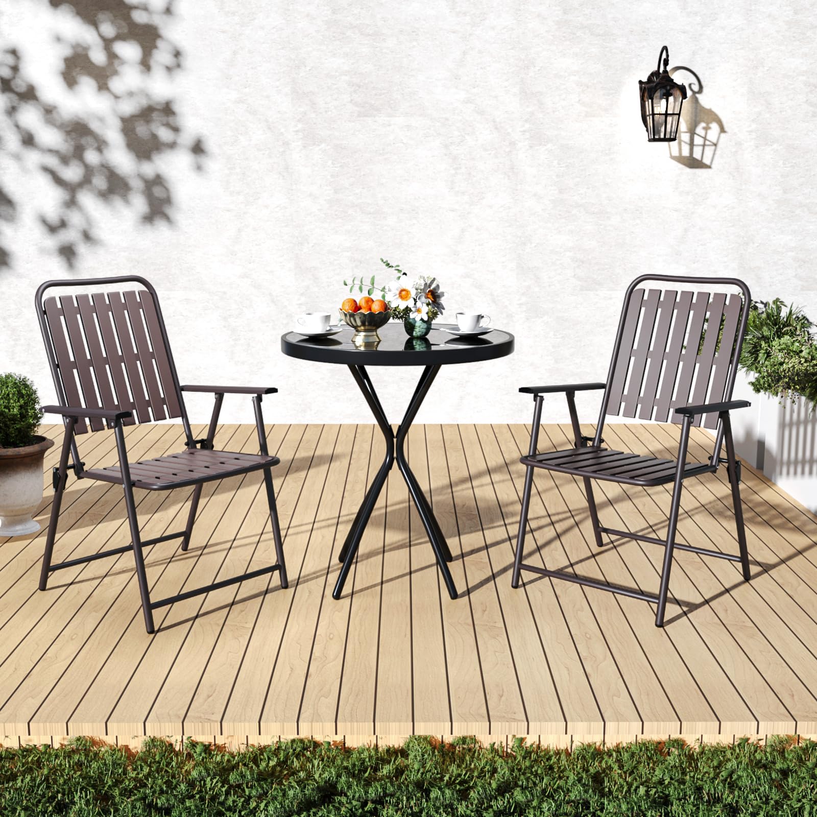 3 Pieces Patio Bistro Set Folding Small Table Chairs Set for 2 Outdoor Bistro Furniture Sets with Glass Coffee Table for Lawn Ba