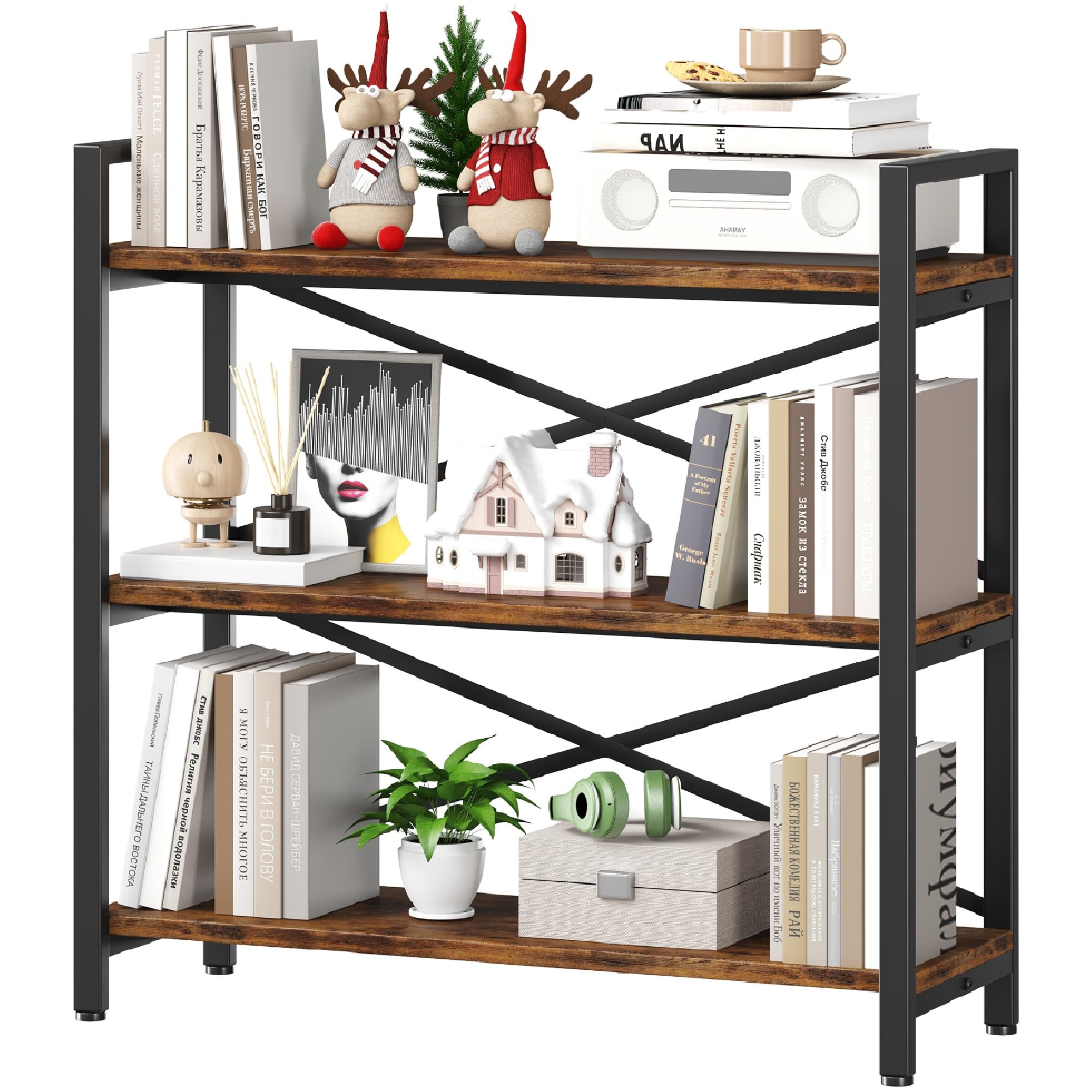 Homeiju 3 Tier Bookshelf 31.49 Width, Wood and Metal Etagere Bookcase, Vintage Farmhouse Modern Wooden Big Book Shelf for Home L