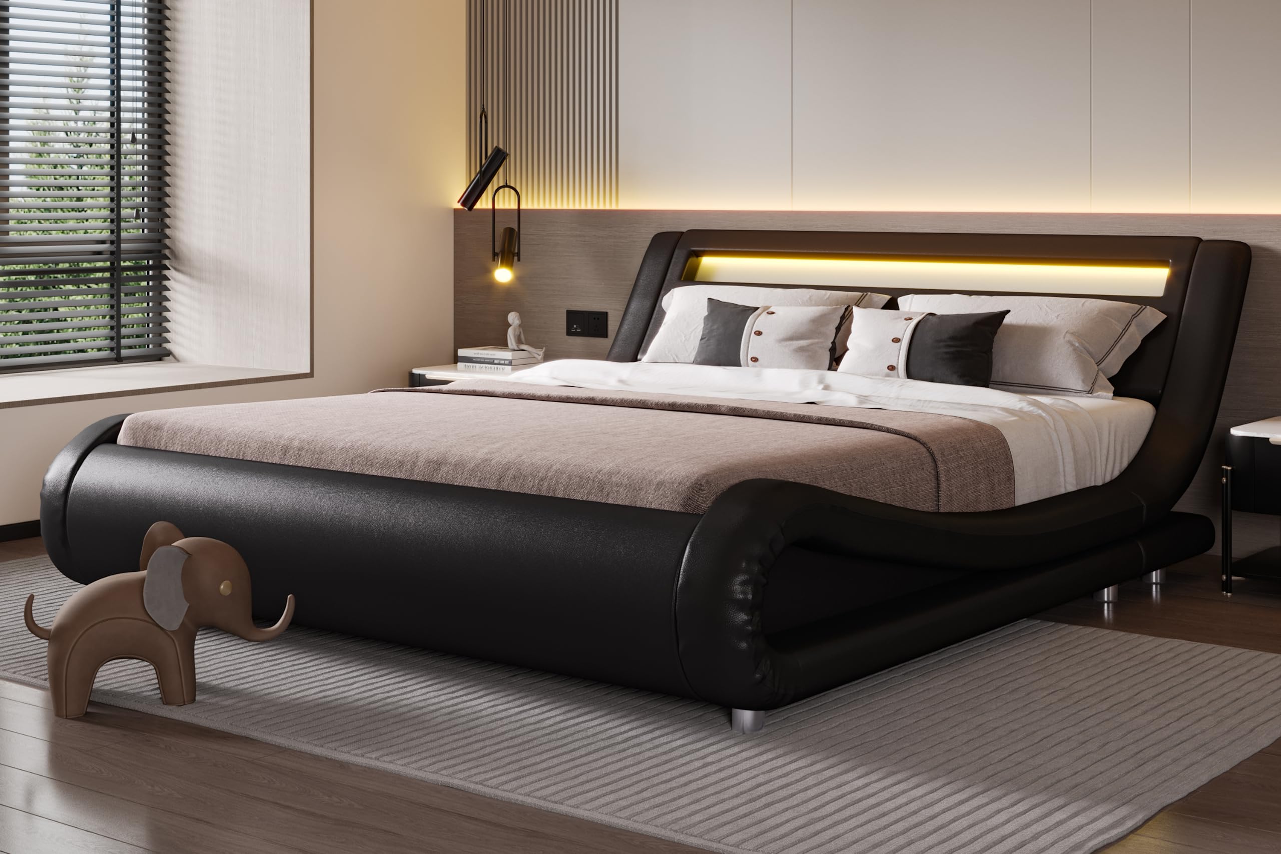 SHA CERLIN LED Queen Bed Frame with Adjustable Headboard - Low Profile Sleigh Design, Strong Wood Slats Support and Mattress Fou