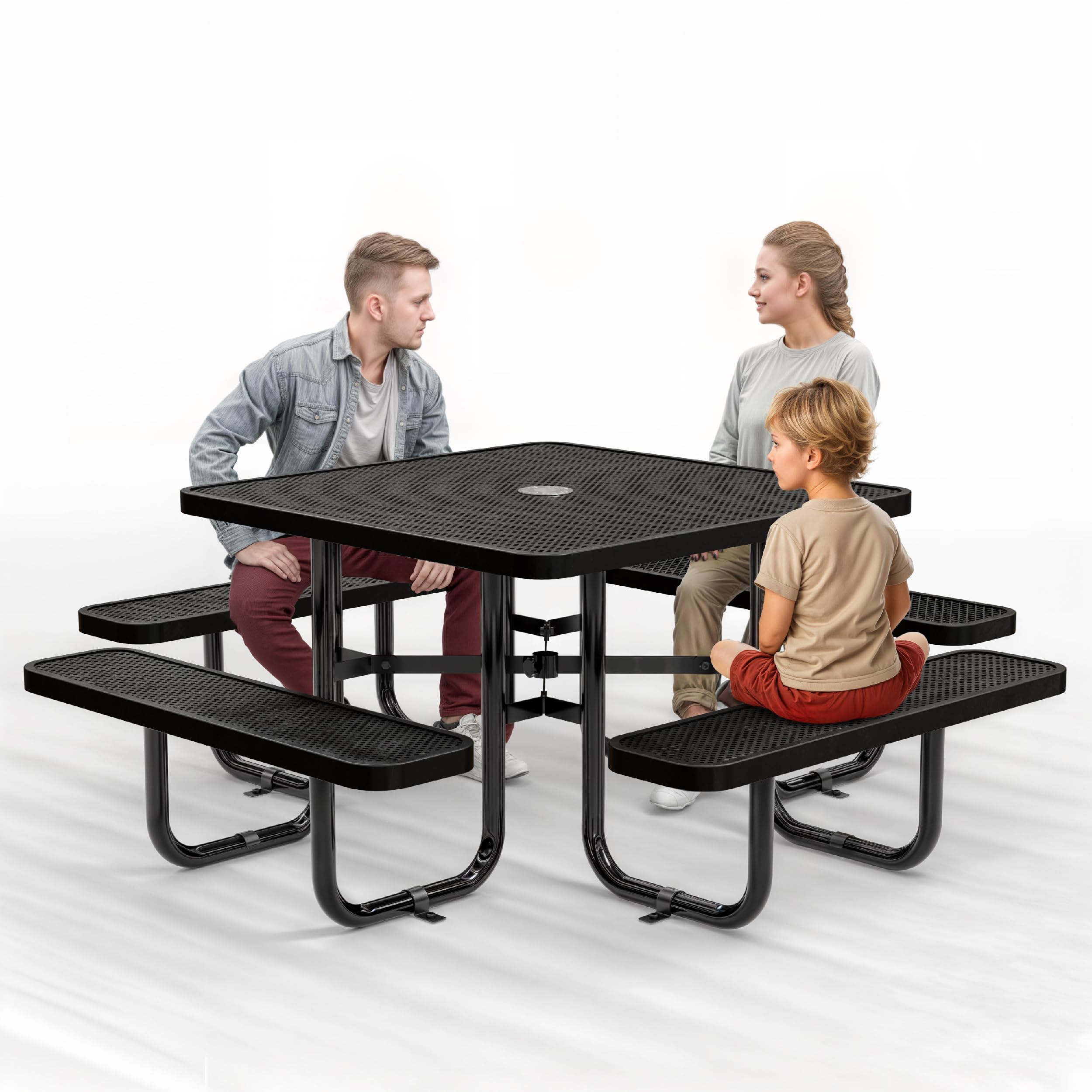 OUTTANS Metal Picnic Tables for Outdoors with Umbrella Hole - Coated Steel Heavy Duty Commercial Grade Table with Adjustable Sea