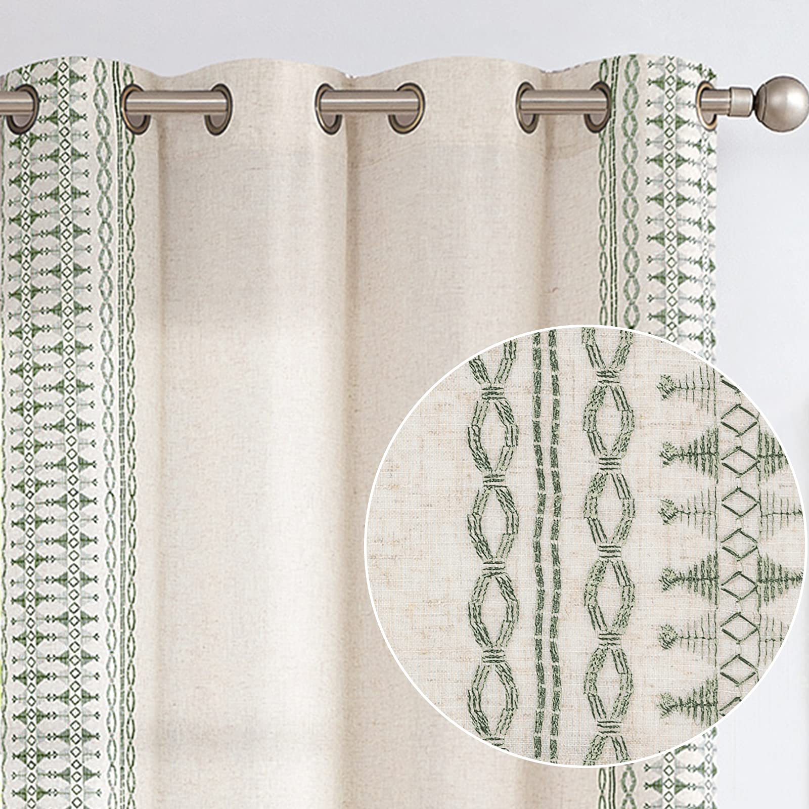 jinchan Boho Curtains for Bedroom Beige Linen Blend Curtains Sage Green Farmhoue Embroidered Bordered Living Room Drapes 90 Inch