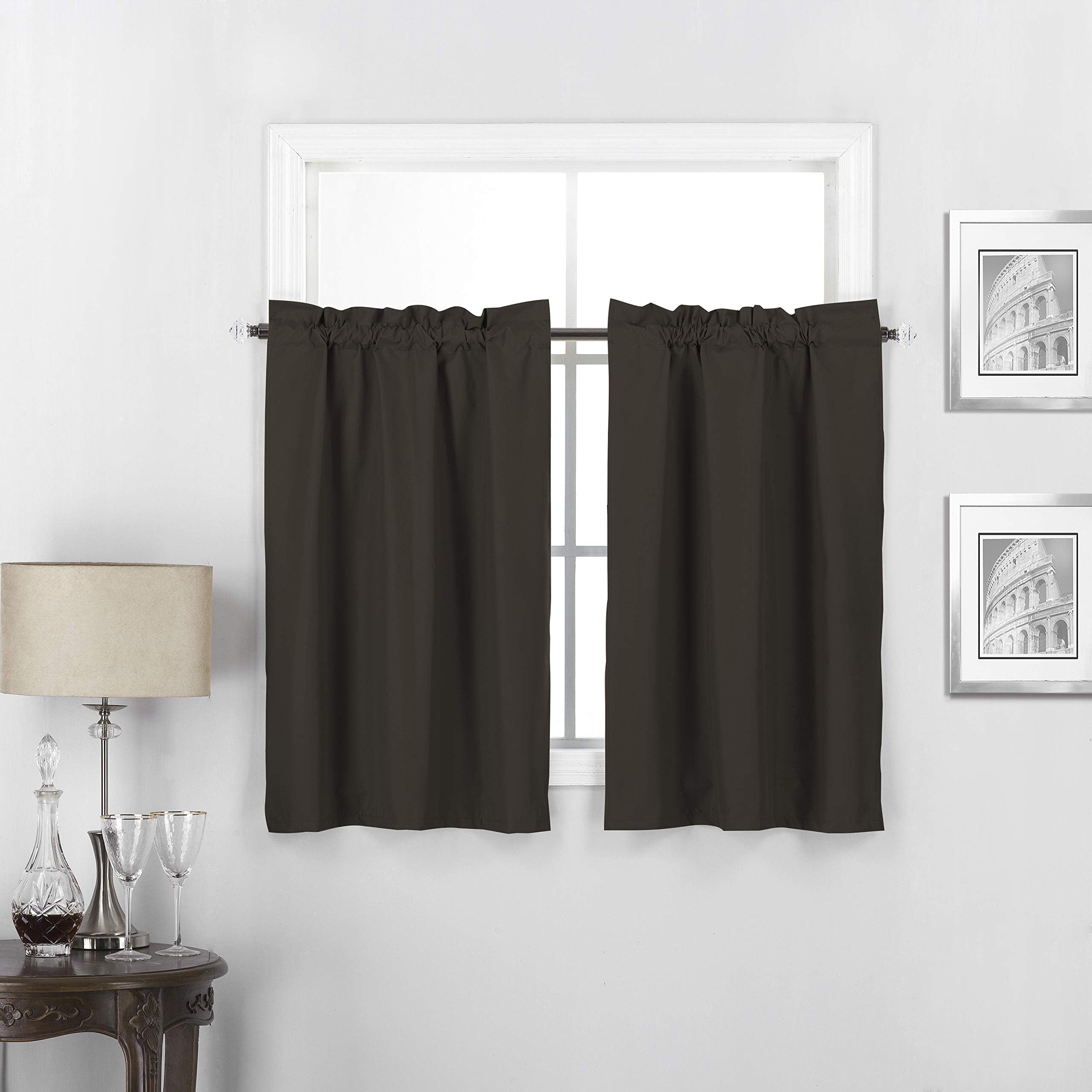 Interior Trends Twilight 2 Piece 100% Blackout Insulated Rod Pocket Window Curtain Tier Panel Drape Set (30 W x 24 L, Chocolate)