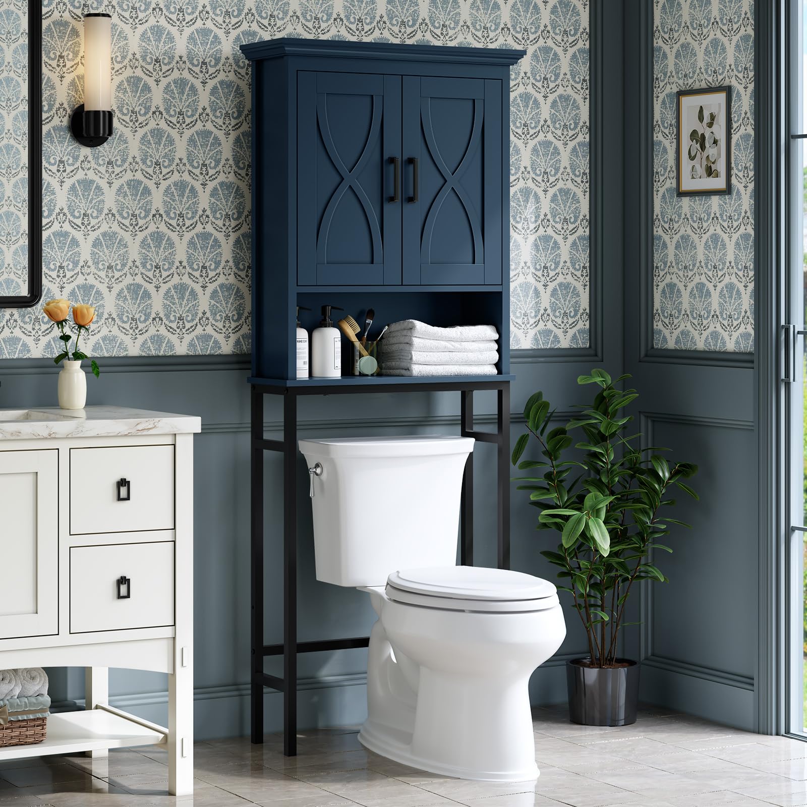 Baztin Over The Toilet Storage Cabinet, Over Toilet Storage with Door Above Toilet Storage Cabinet Freestanding Space Saver Behi