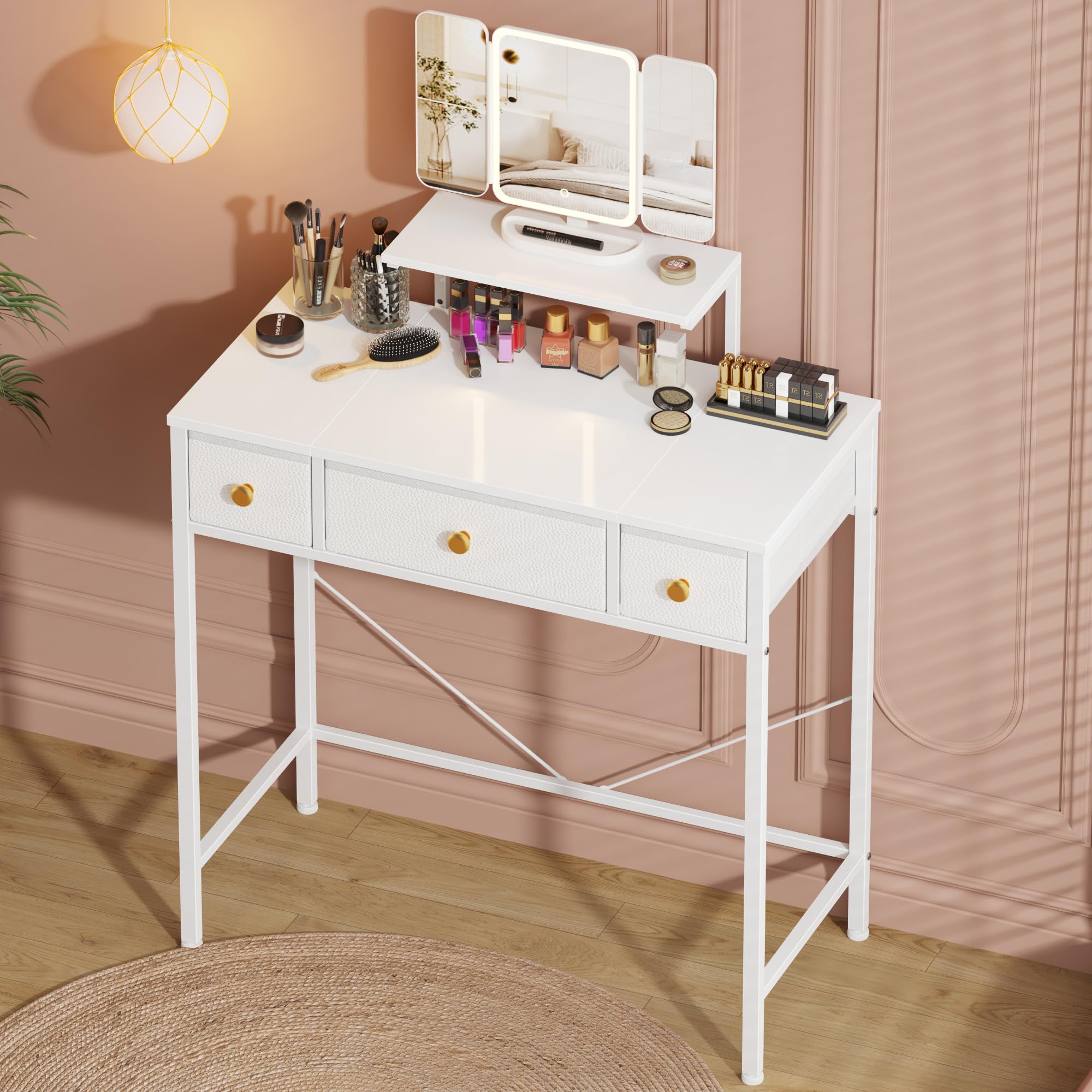 HIGDBFE Makeup Vanity Desk with Mirror and Lights & 3 Drawers, Small Vanity Desk with Height-Adjustable Stand, Vanity Table for 