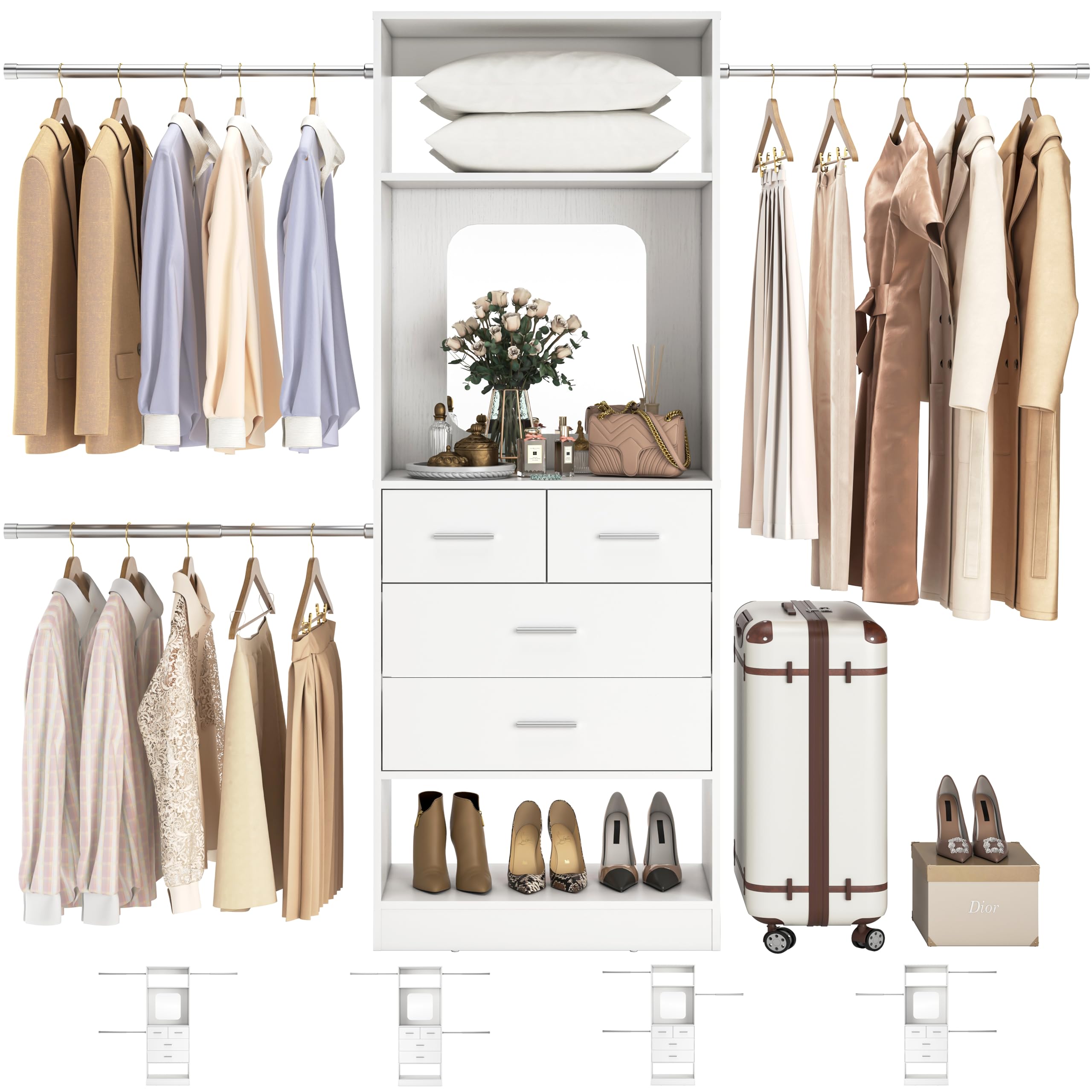 Unikito 48 W - 96    W Closet Organizer, 8FT Walk in Closet Systems Starter Kit with 25    Tower and 3 Extendable Hanging Rods, 