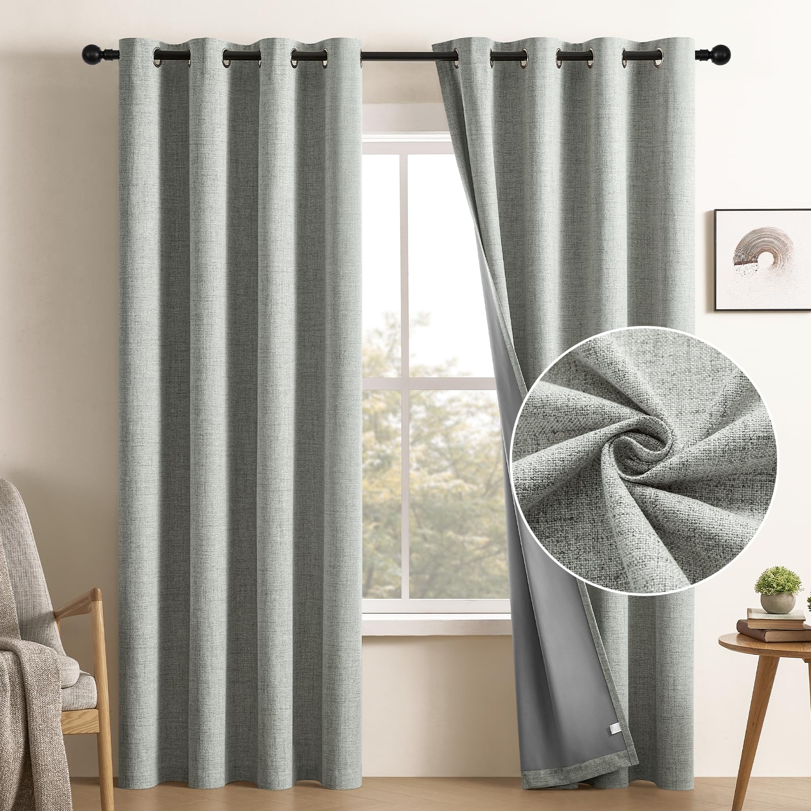 CUCRAF 100% Total Blackout Curtains 108 Length for Window Treatment, Faux Linen Thermal Insulated Grommet Drapes for Bedroom/Liv