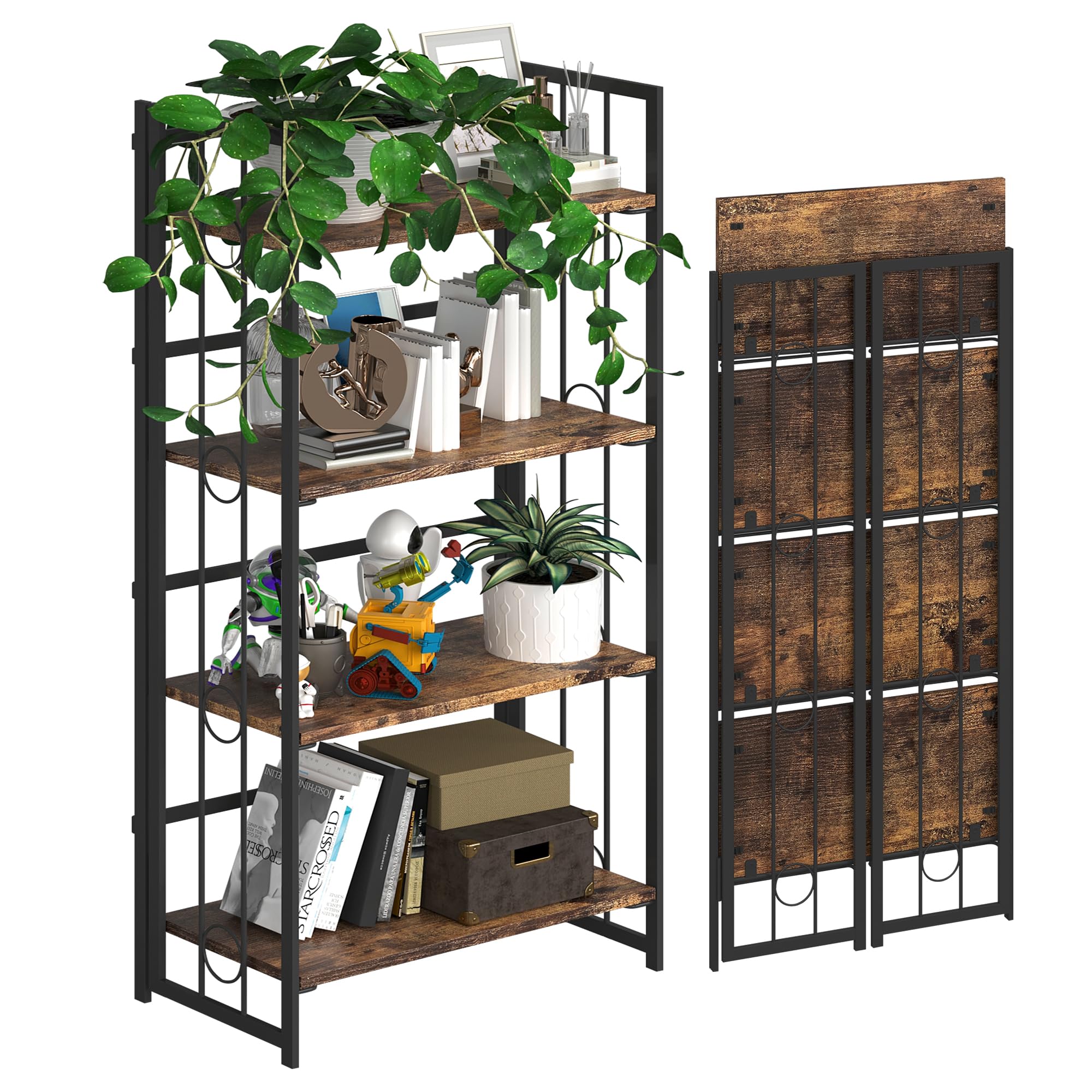 4NM No-Assembly 4 Tiers Folding Bookshelf Storage Shelves Vintage Bookcase Standing Racks Study Organizer Home Office - Rustic B