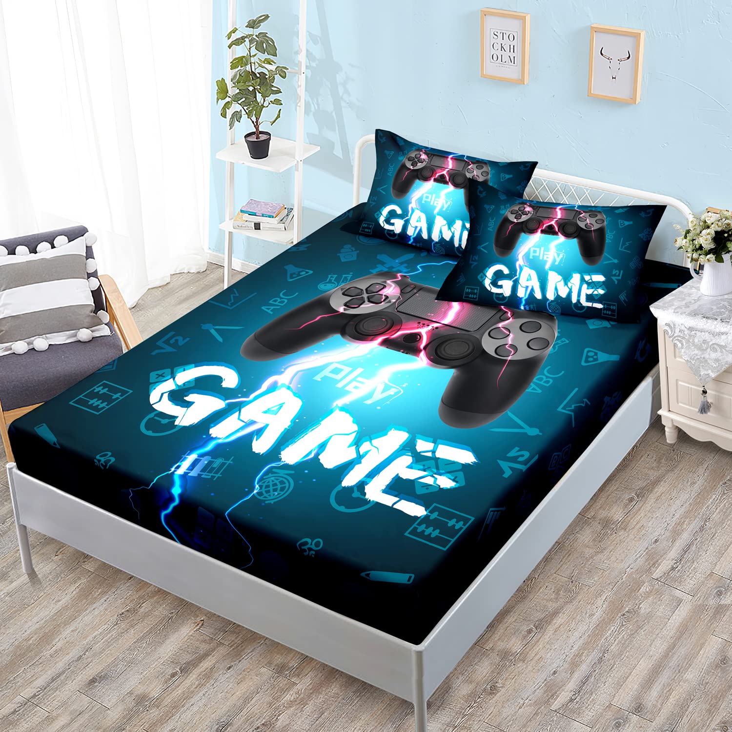 HOSIMA Gaming Bedding Gamepad Fitted Sheet Twin Size and Gamer Bedding Sets for Boys Used to Gamer Room Decor,1 Fitted Sheet+2 P