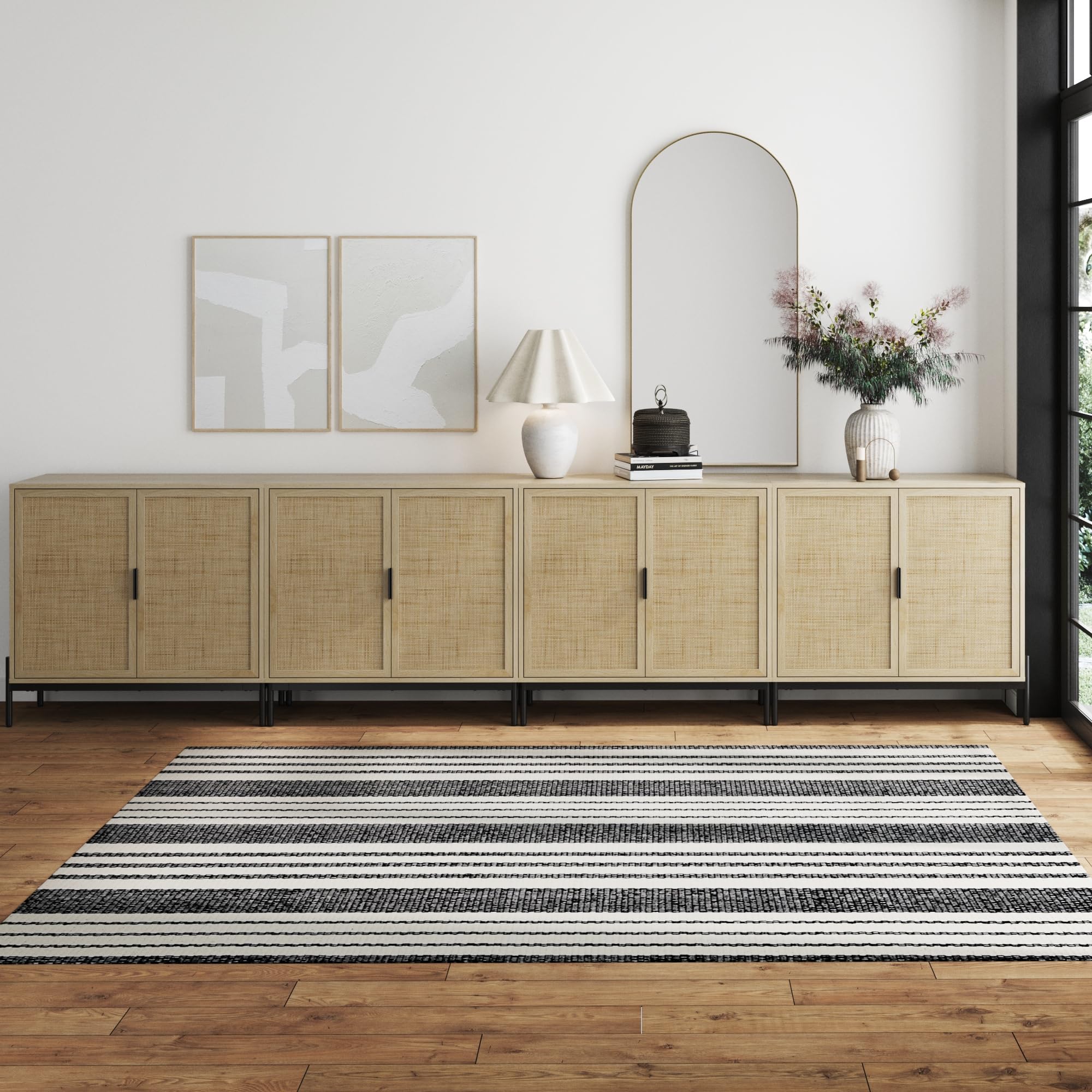 Nathan James Andrew Bohemian Entryway Storage Cabinet or Kitchen Sideboard Credenza, Rattan Accent Cabinet with Metal Legs, Ligh