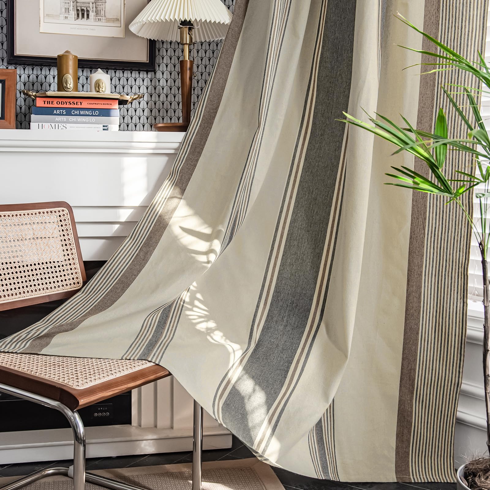 ColorBird Brown and Grey Striped Curtains 2 Panels Set, Modern Farmhouse Vintage Patterned Short Kitchen Curtain 63 Inches Lengt
