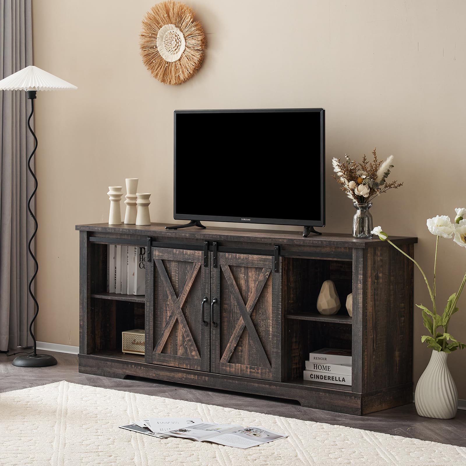AMERLIFE 66  Farmhouse TV Stand for 75 Inches TVs, Entertainment Center with Sliding Barn Door and Adjustable Shelf & Feet, Cons