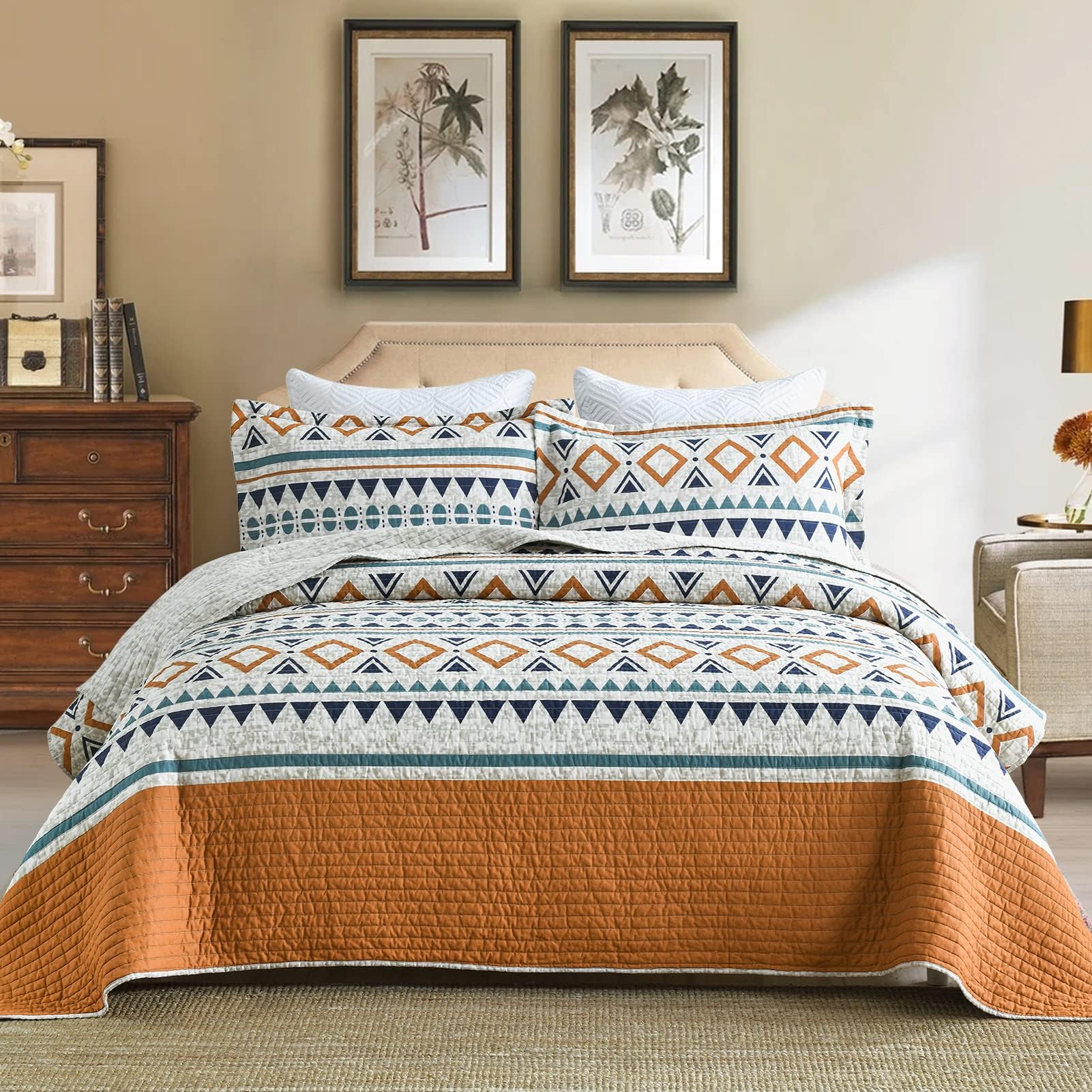 SahSahCasa Boho Quilt Set, Queen Size, 100% Cotton, Lightweight Striped Geometric Quilts, Bedspreads for Queen Bed, All Season, 
