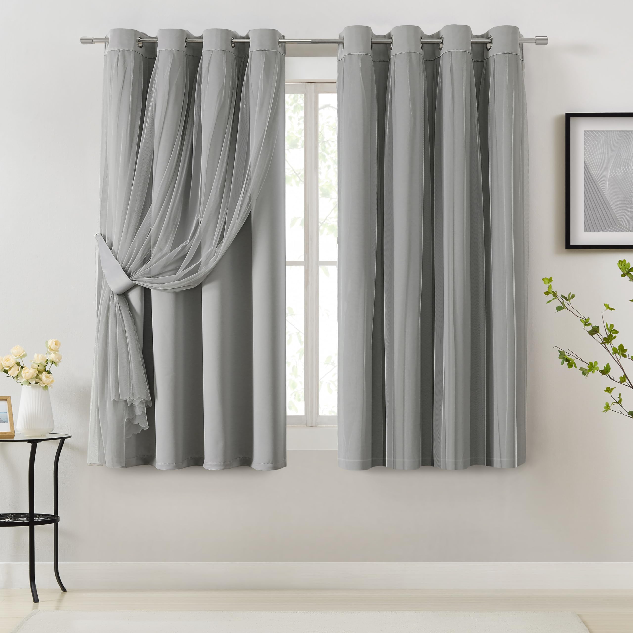 Bujasso Grey Blackout Curtains with Sheer Overlay Mix and Match Double Layer Window Curtains Thermal Insulated 63 inch for Livin