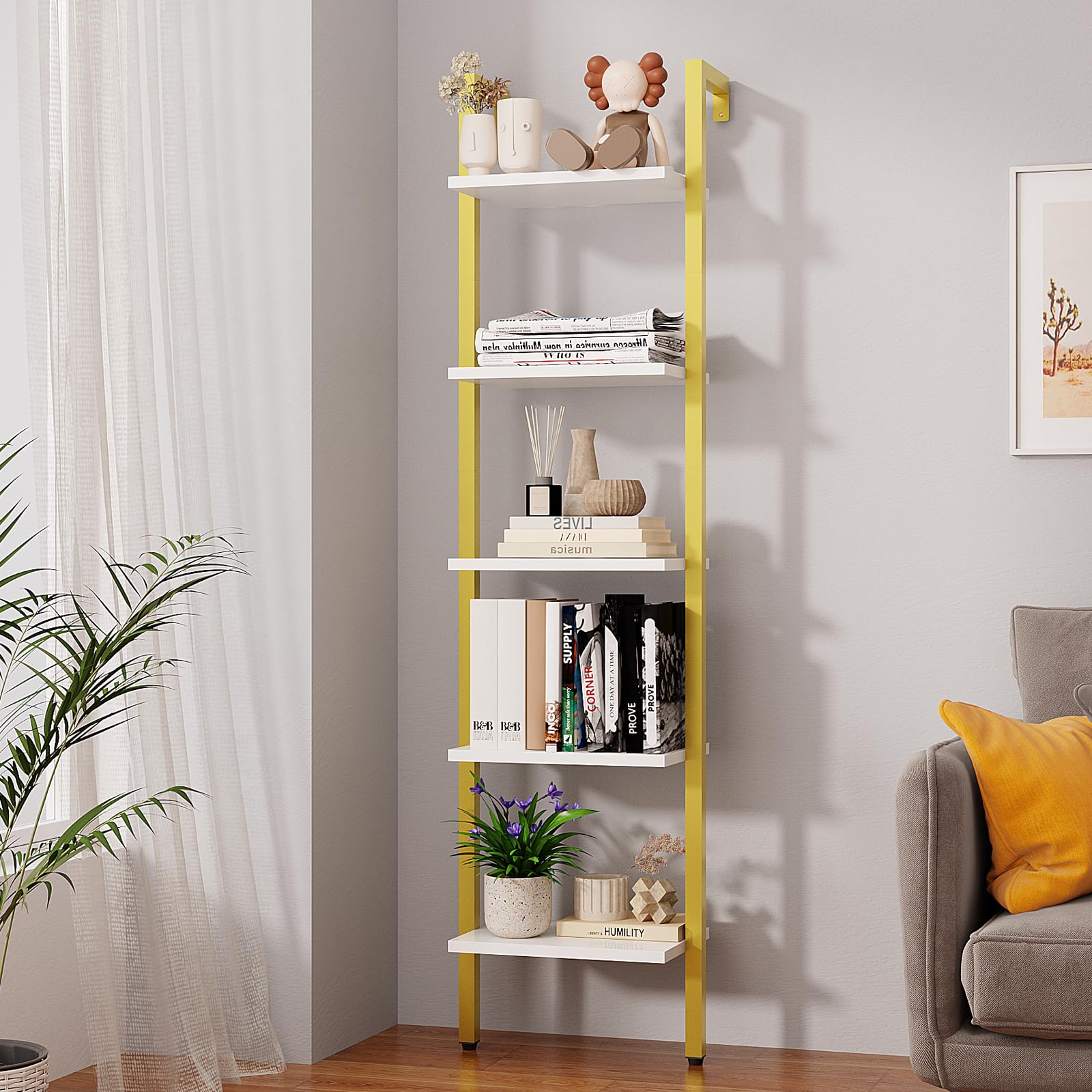 YMYNY 5 Tiers Ladder Bookcase, Industrial Wall Mounted Bookshelf, Open Display Rack with Metal Frame, Wooden Storage Shelves for