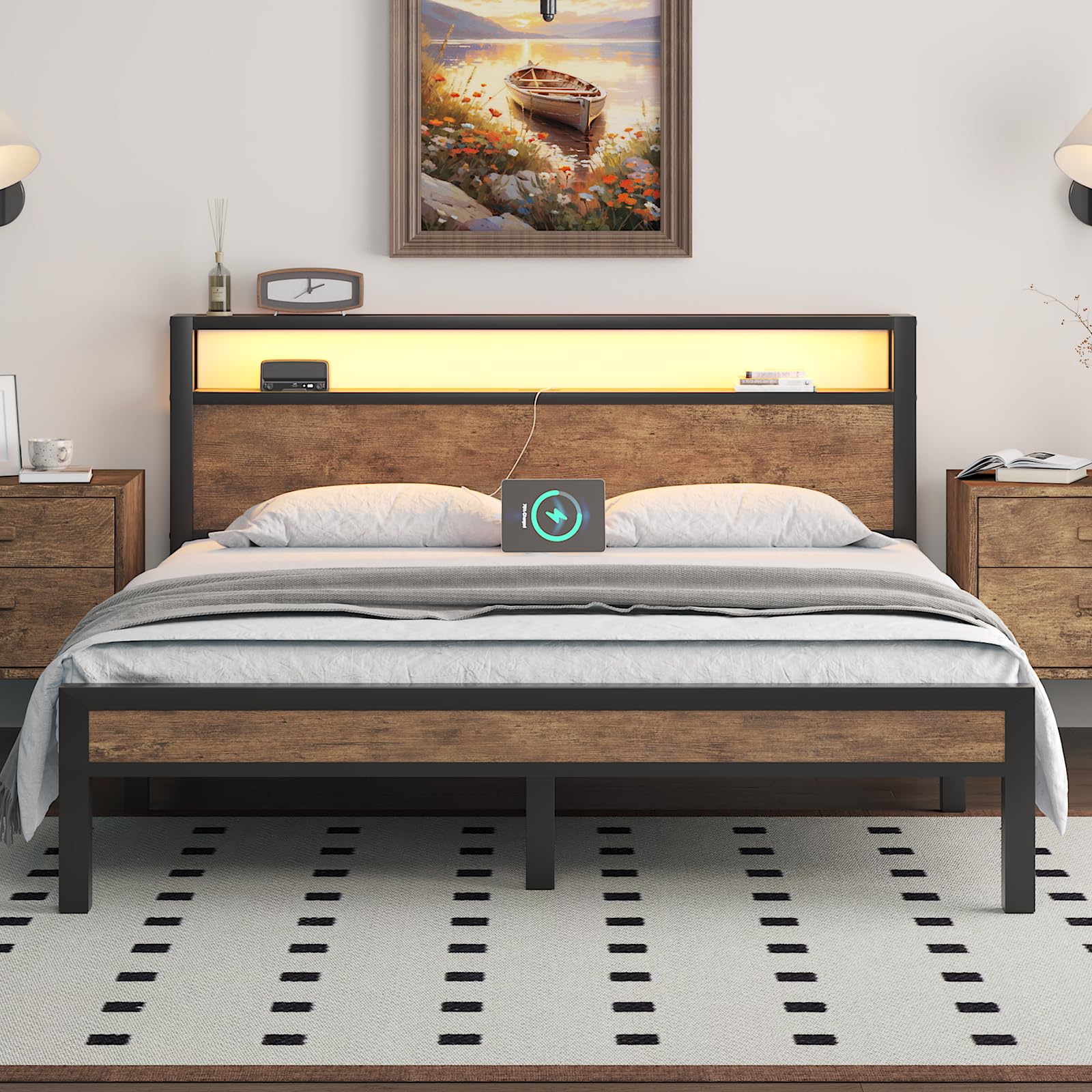 Queen Size Bed Frame with Storage Headboard, Industrial Platform Bed with Charging Station and LED Lights, Heavy Duty Metal Slat