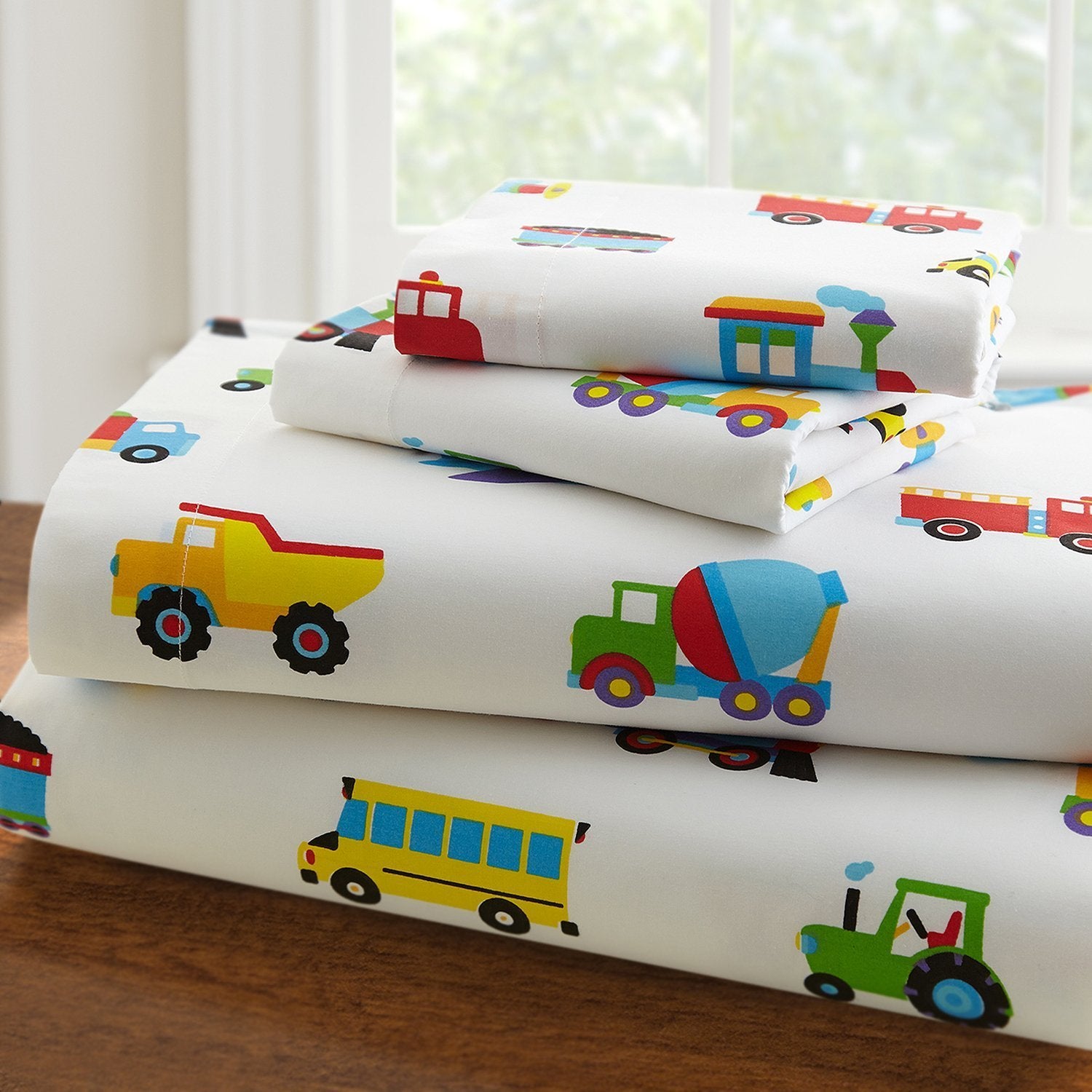 Fancy Collection Sheet Set Truck Tractors Cars Airplane Balloon Police Light Blue Dark Blue Red Yellow Black White New (Twin)