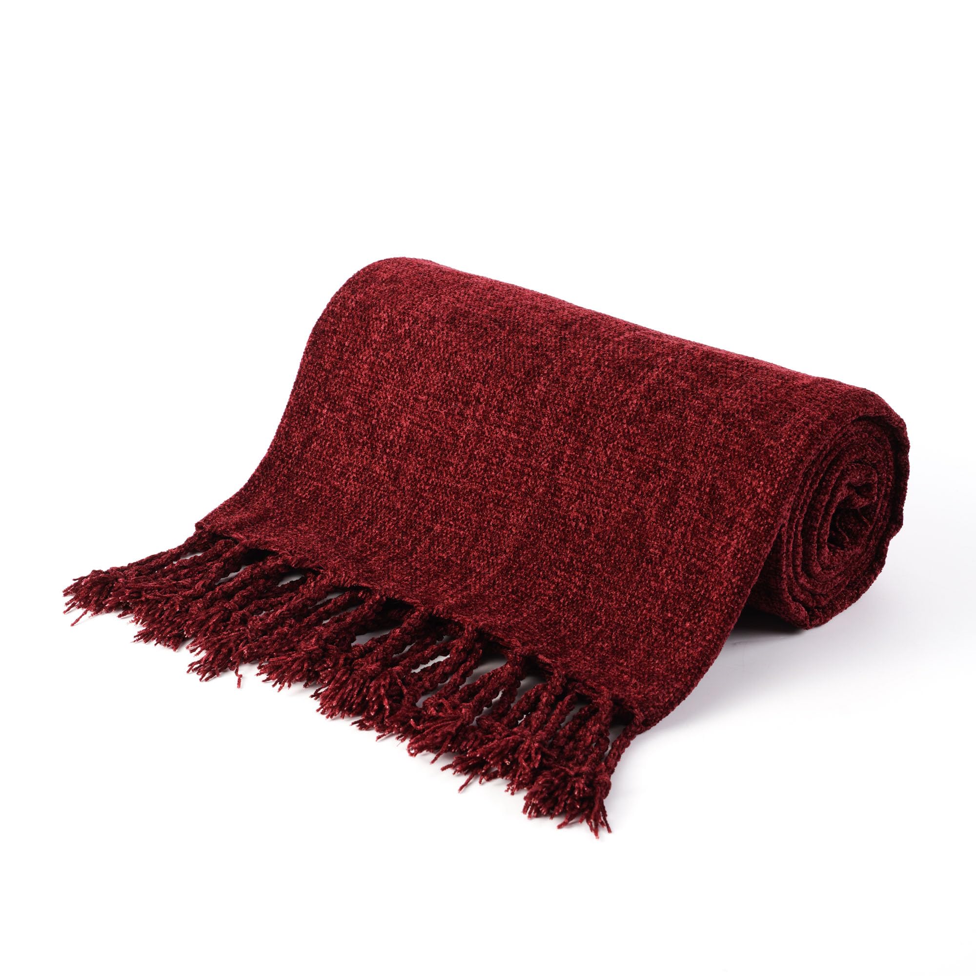 BATTILO HOME Burgundy Chenille Throw Blanket for Couch, Decorative Red Knit Throw Blanket with Fringe, Lightweight Throw Blanket