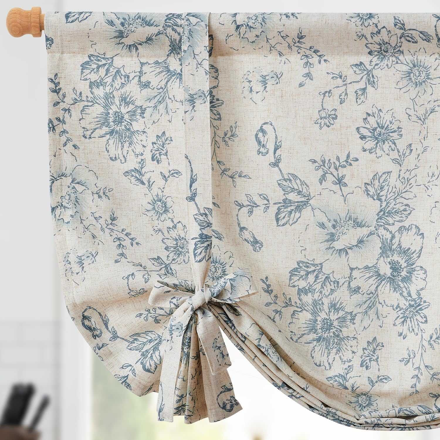 jinchan Tie Up Shade Valance Curtain Linen Floral for Kitchen Window Living Room Cafe Farmhouse Light Filtering Rustic French Re