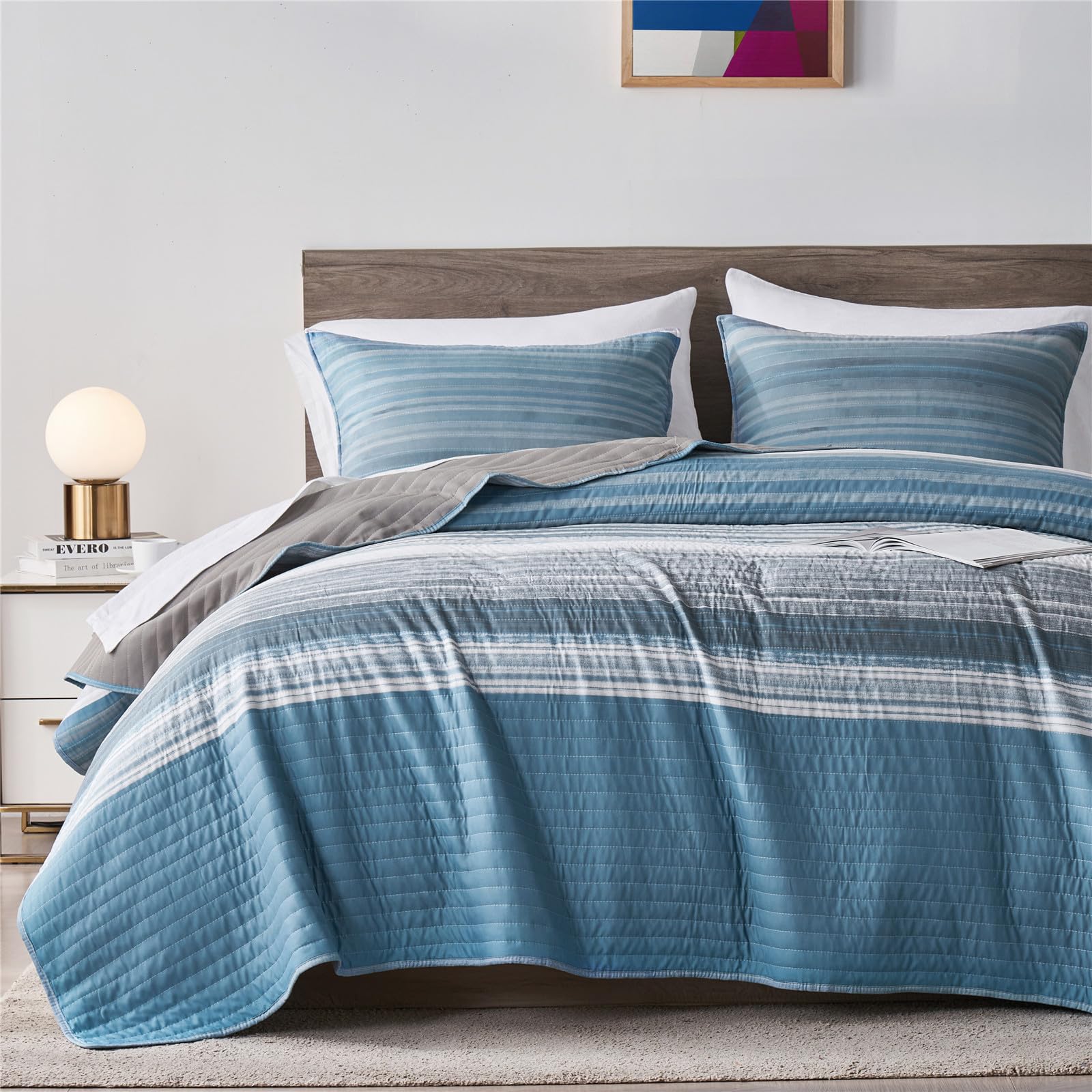 KAKIJUMN King/Cal King Quilt Bedding Set, White Grey and Blue Patchwork Striped Quilt Set, 2 Pieces Soft Lightweight Bedspread C