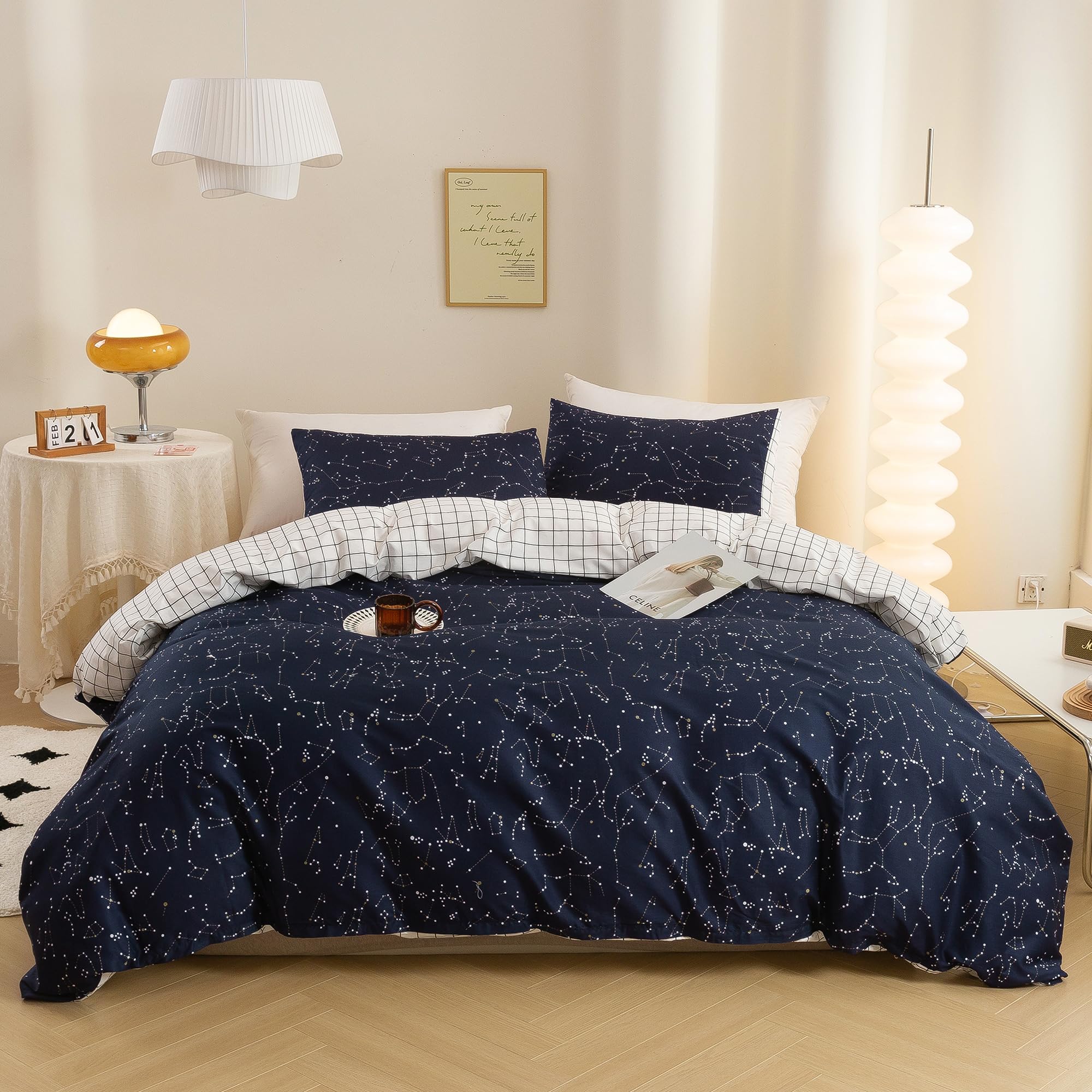 ECOCOTT Duvet Cover King, 3 Pieces 100% Natural Cotton 1 Duvet Cover +2 Pillowcases Bedding Set,Navy and Cosmic Constellation Re
