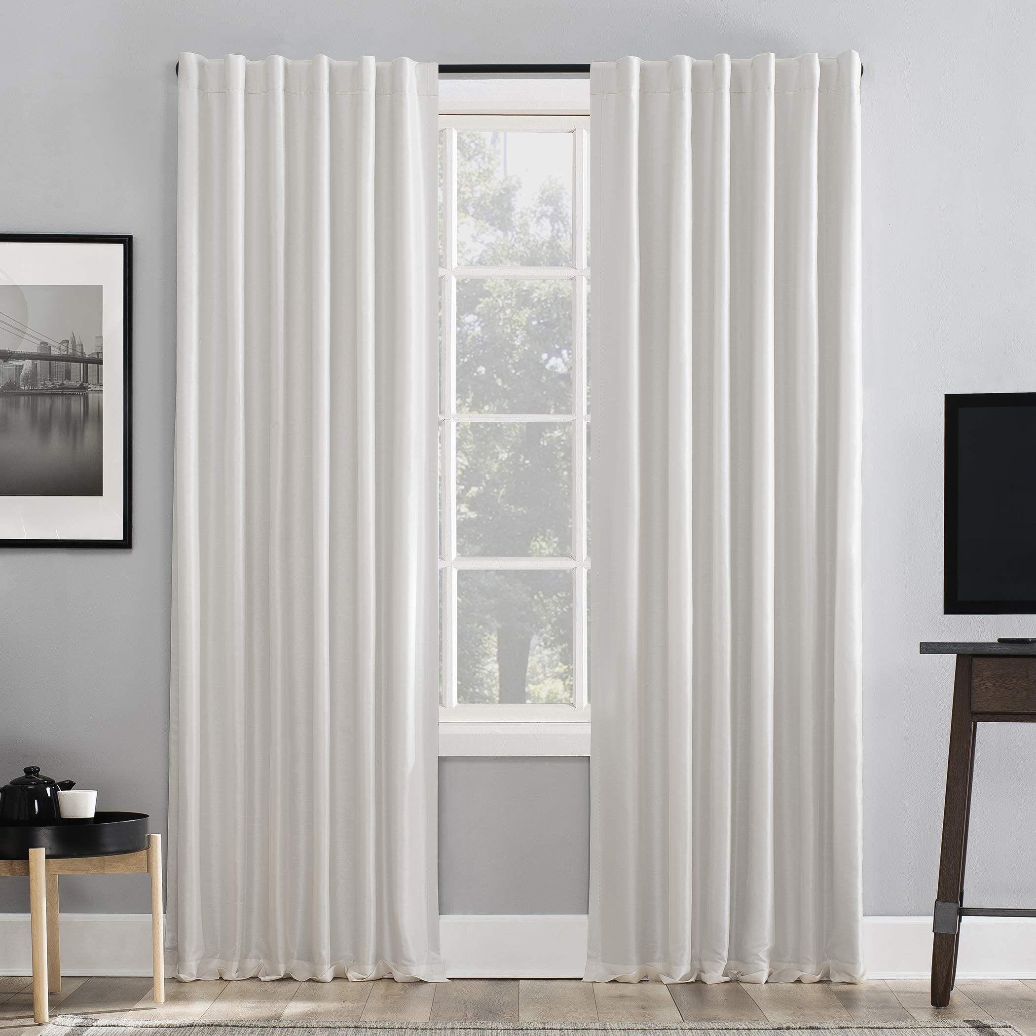 Sun Zero Greyson Faux Dupioni Silk Thermal Extreme Total Blackout Back Tab Curtain Panel, 50 x 63, Pearl White