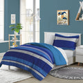 dream FACTORY Kids 5-Piece Complete Bed Set Easy-Wash Super Soft Microfiber Comforter Bedding, Twin, Blue Rugby Stripe, (2D87270