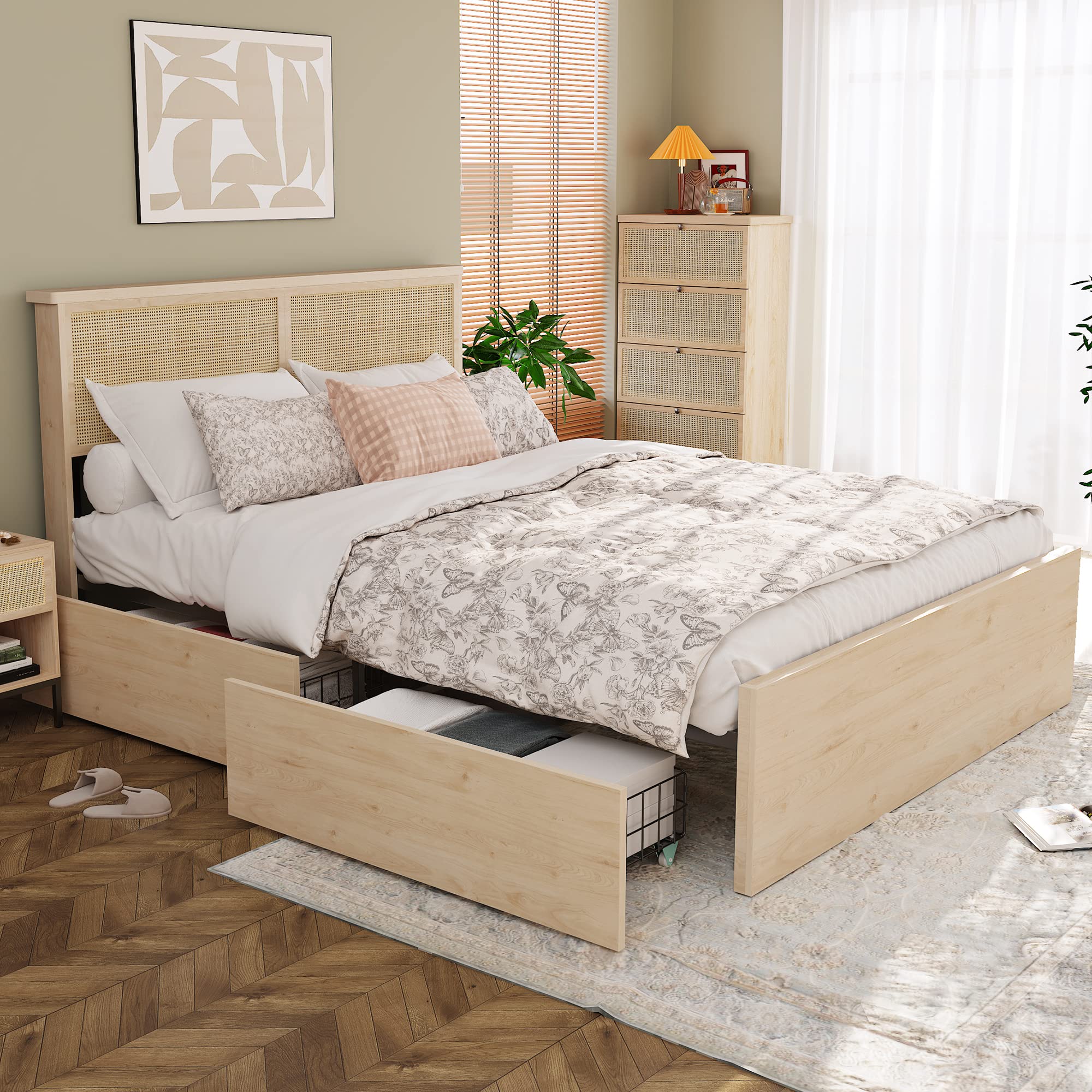 Yechen Queen Bed Frame with Natural Rattan Headboard and Wooden 4 Storage Drawers, Metal Platform with Strong Wooden Slats Suppo