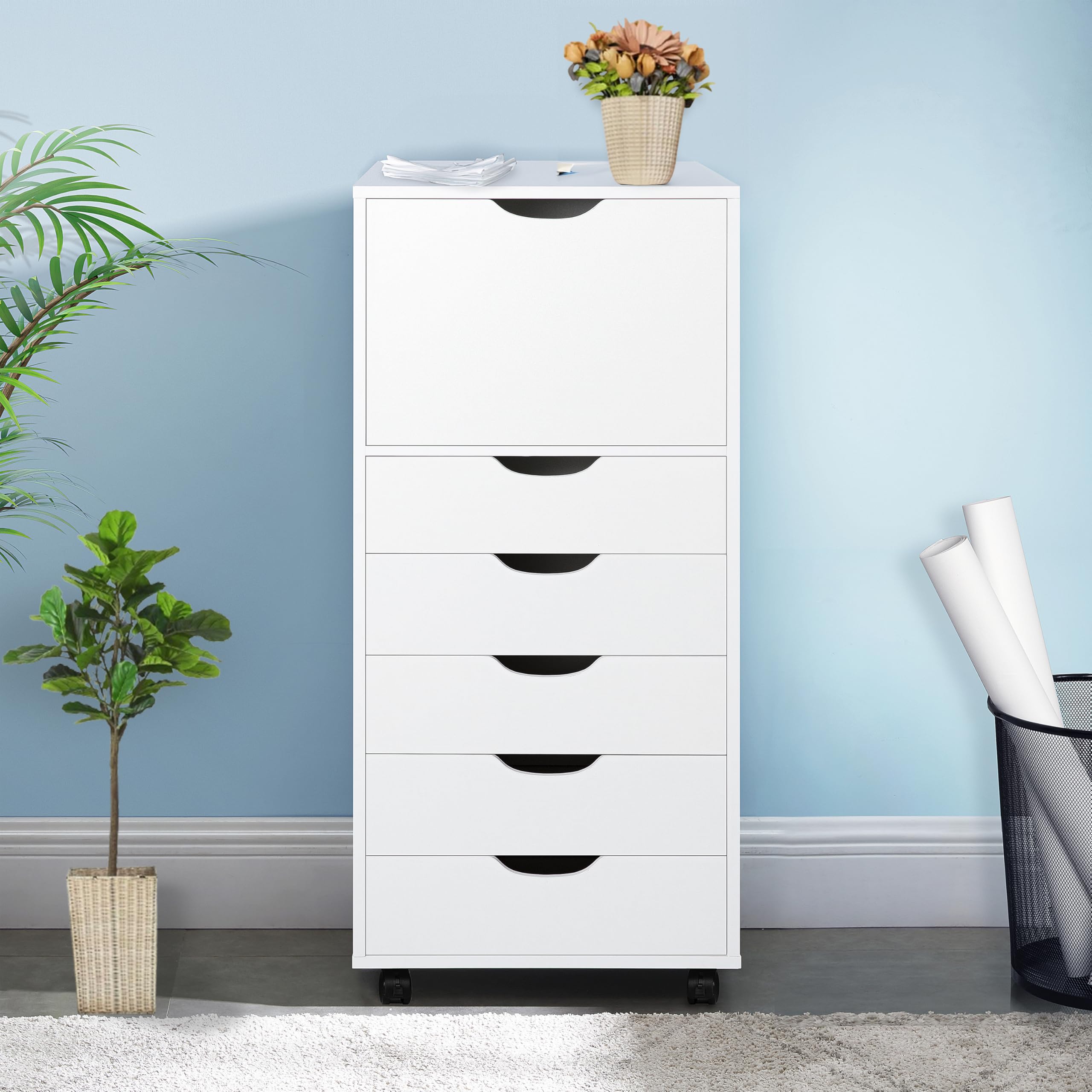Naomi Home Drawer Dresser Storage Cabinet for Makeup Dresser Tall Chest of Drawers, Drawer Chest Makeup Cabinet with Wheels Wood