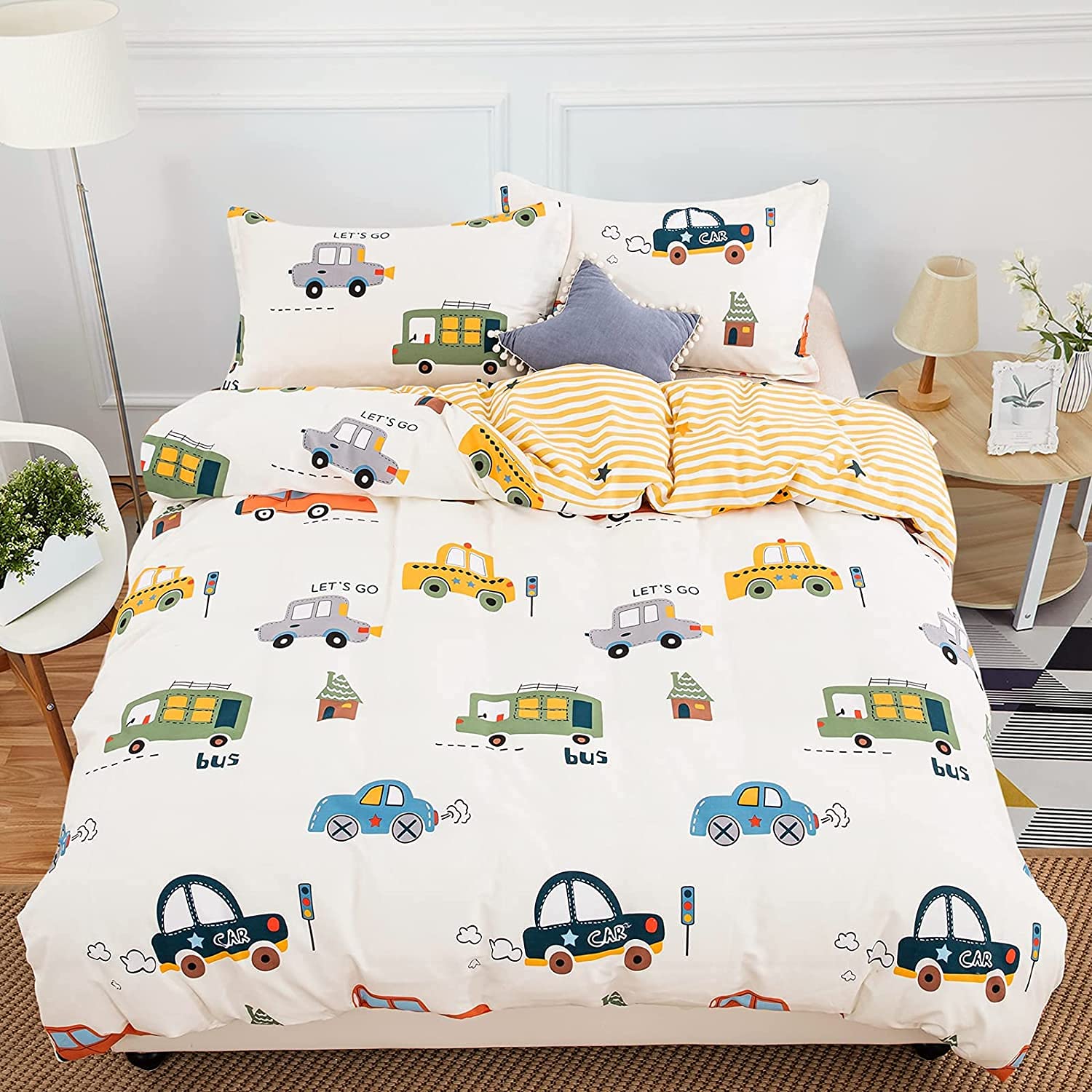 Cars Kids Duvet Cover Set Full Size, 3 Pieces 100% Cotton Kids Bedding Set for Boys Girls, Reversible Yellow Stripes Comforter C
