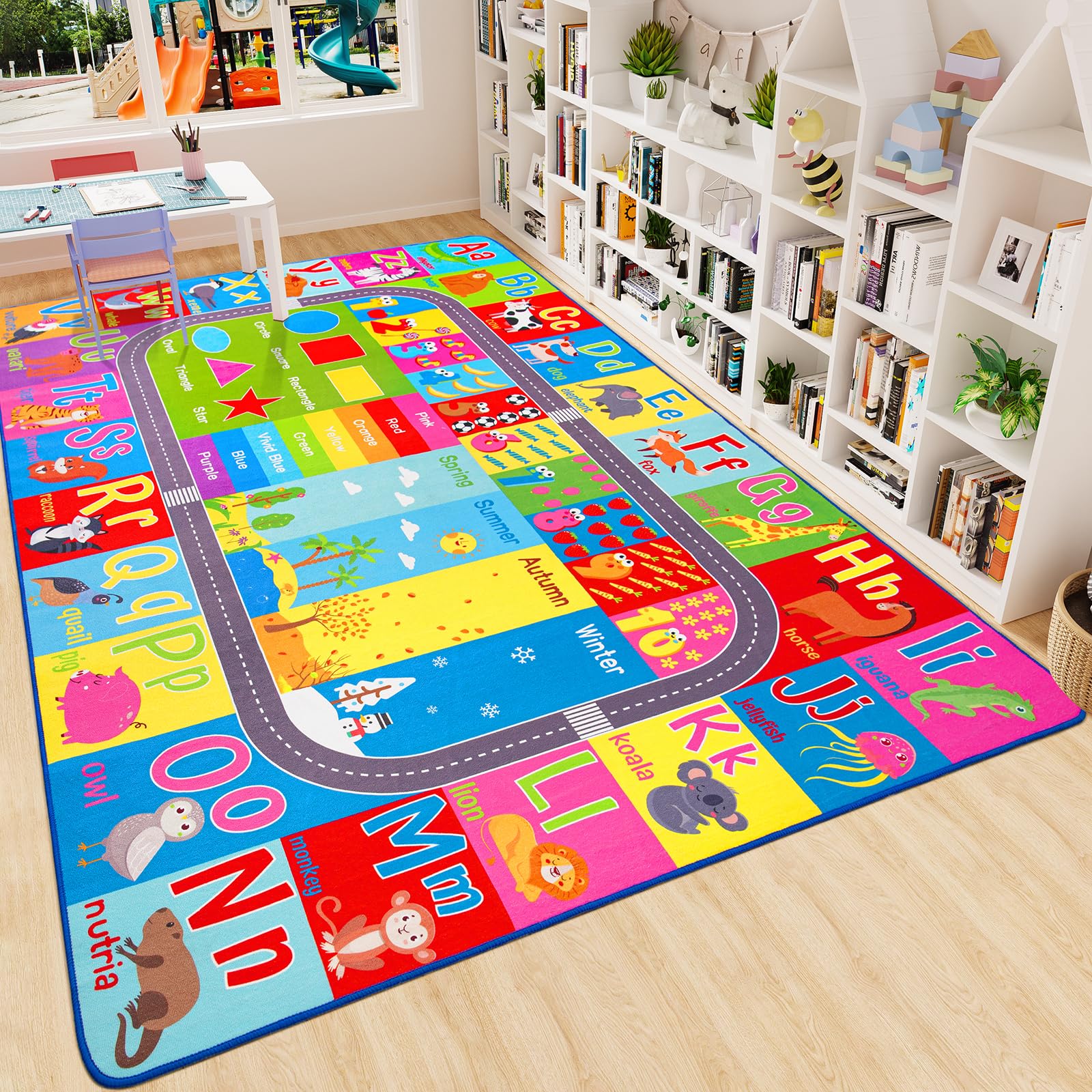HOMORE Kids Educational Rug, 7x10 Kids Collection Area Rug for Learning Alphabet, Numbers, Colors, Season and Animal Words, Play