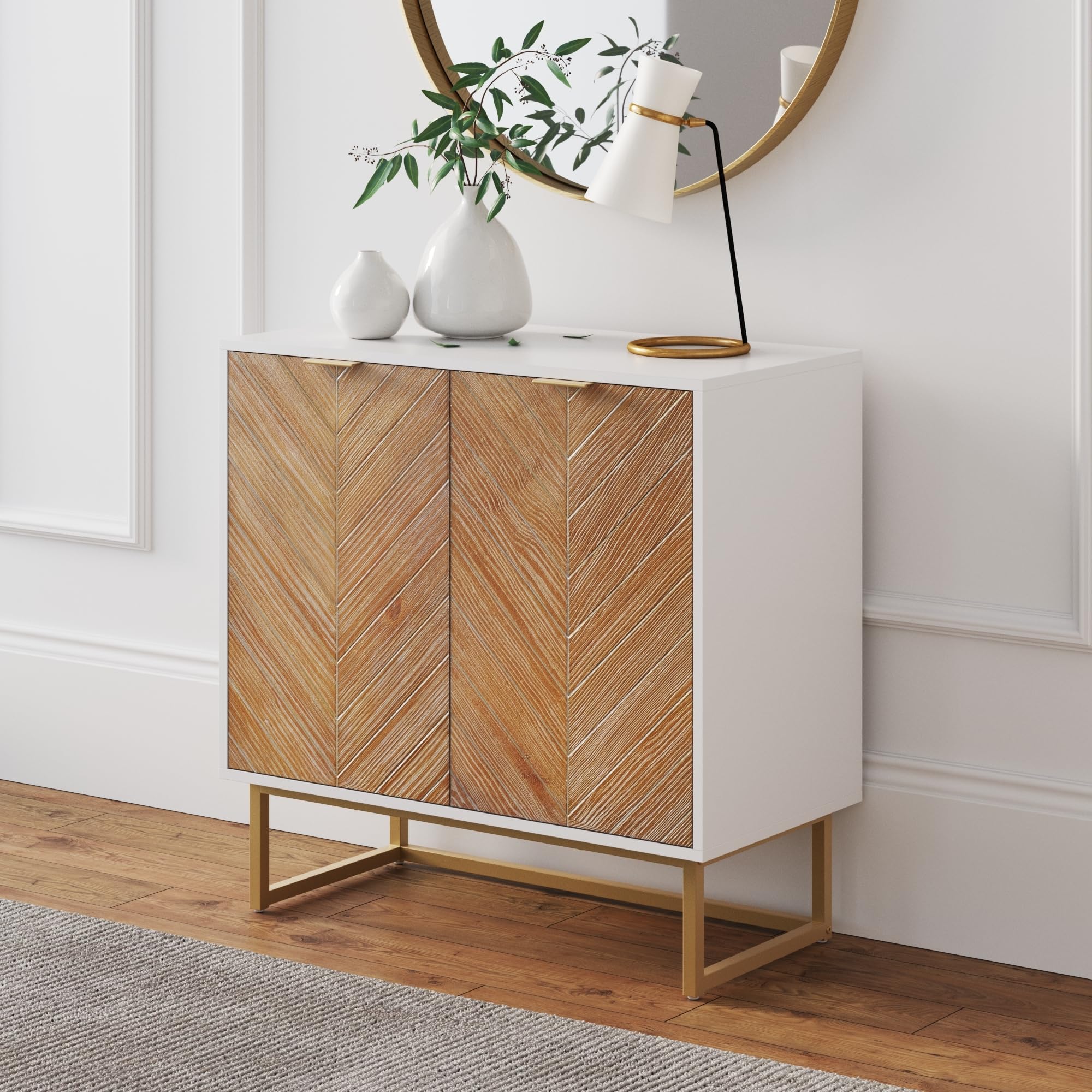 Nathan James Enloe Modern Storage Free Standing Accent Cabinet White with Doors in a Rustic Pine Wood Finish and Gold Powder-coa
