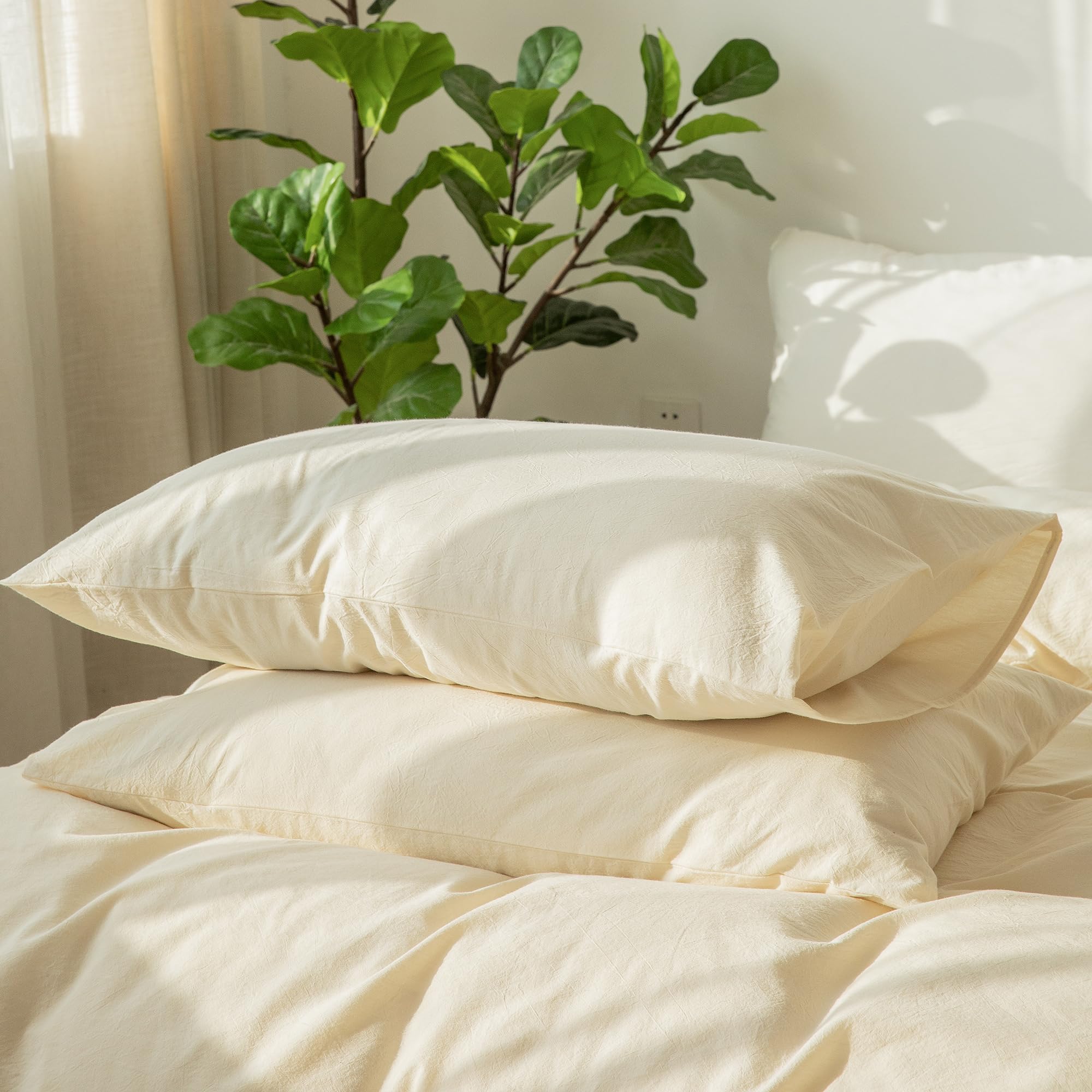 MooMee Bedding Pillowcases Pack of 2 100% Washed Cotton Linen Like Textured Breathable Durable Soft Comfy (Cream White, King)