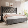 Jocisland Bed Frame King Size Velvet Tufted Upholstered Bed Low Profile Platform Bed Raised Wingback Headboard/Wood Slats Suppor