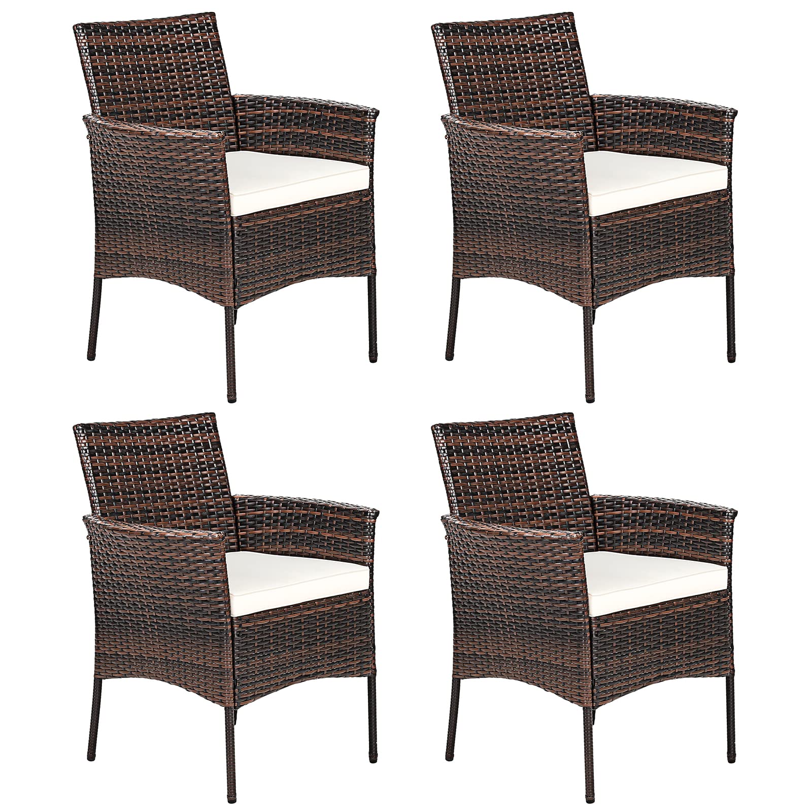 RELAX4LIFE Wicker Patio Chairs Set of 4, Indoor Outdoor PE Rattan Armchairs w/Cane Back, Seat Cushions for Bistro Porch Poolside