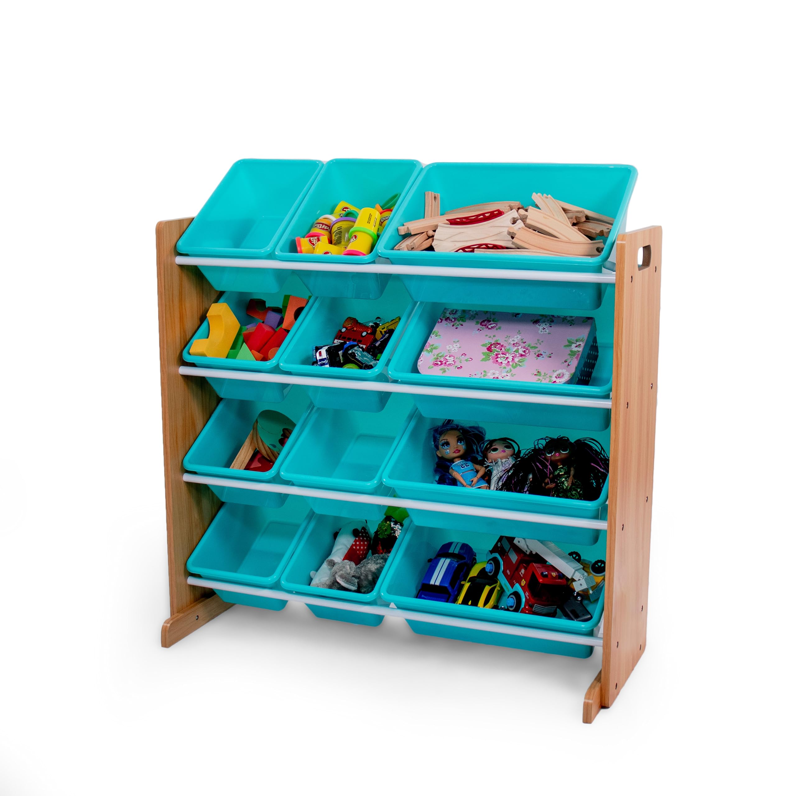 Humble Crew Kids Toy Storage Organizer with 12 Plastic Bins, Natural Wood/Aqua - Removable Bins for Playroom, Bedroom, Toddler F