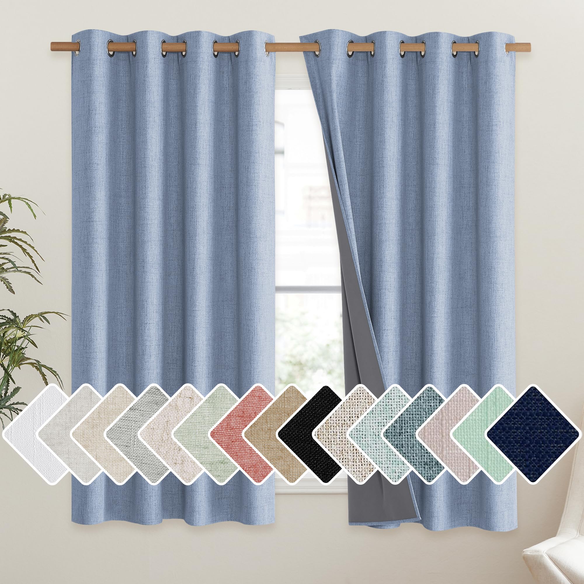 NICETOWN Stone Blue Vintage Linen 100% Blackout Curtains for Living Room, Thermal Insulated Curtains 45 Long, Noise Reducing Win