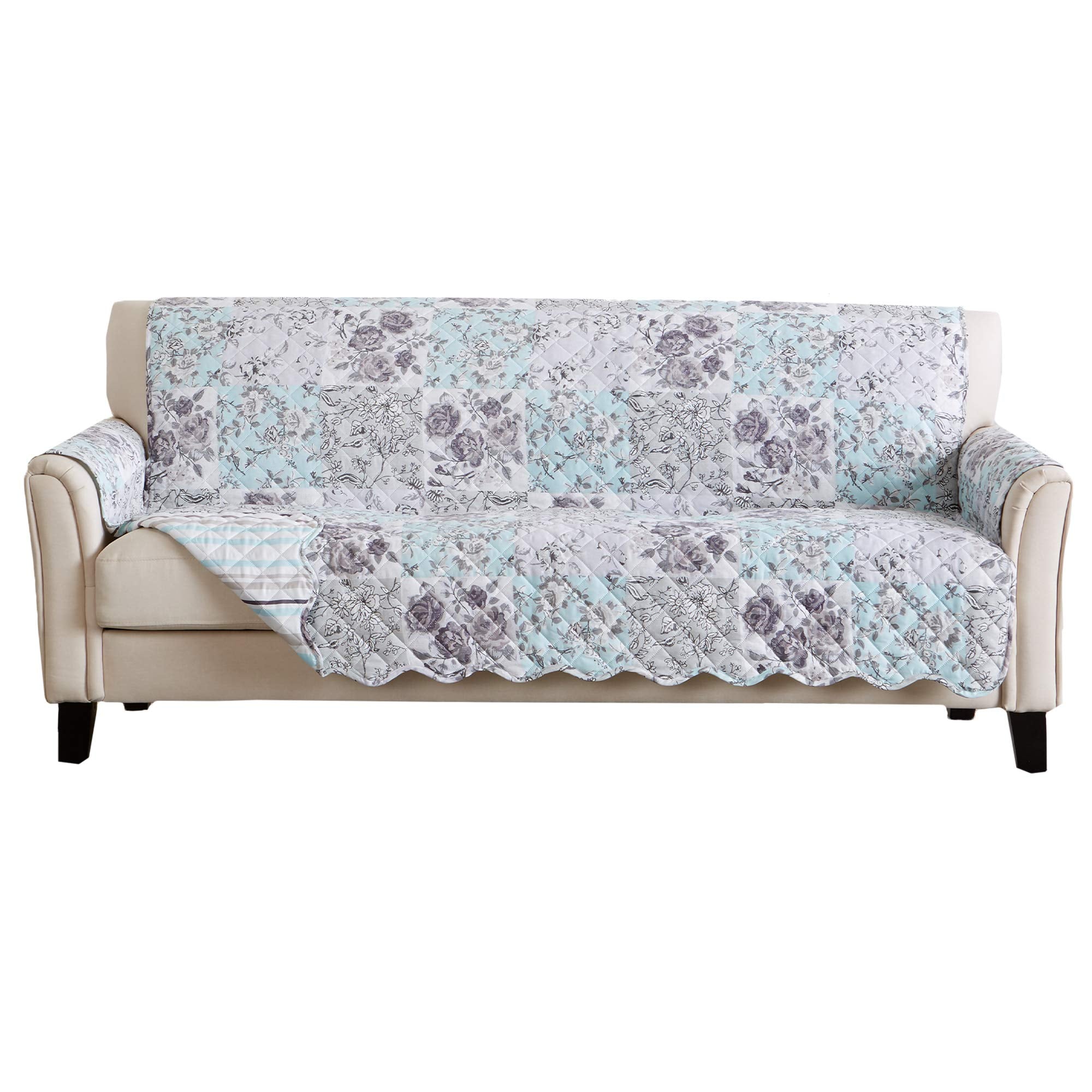 Reversible Floral Patchwork Furniture Protector Scalloped Edge Stain Resistant Printed Furniture Protector Maribel Collection (S
