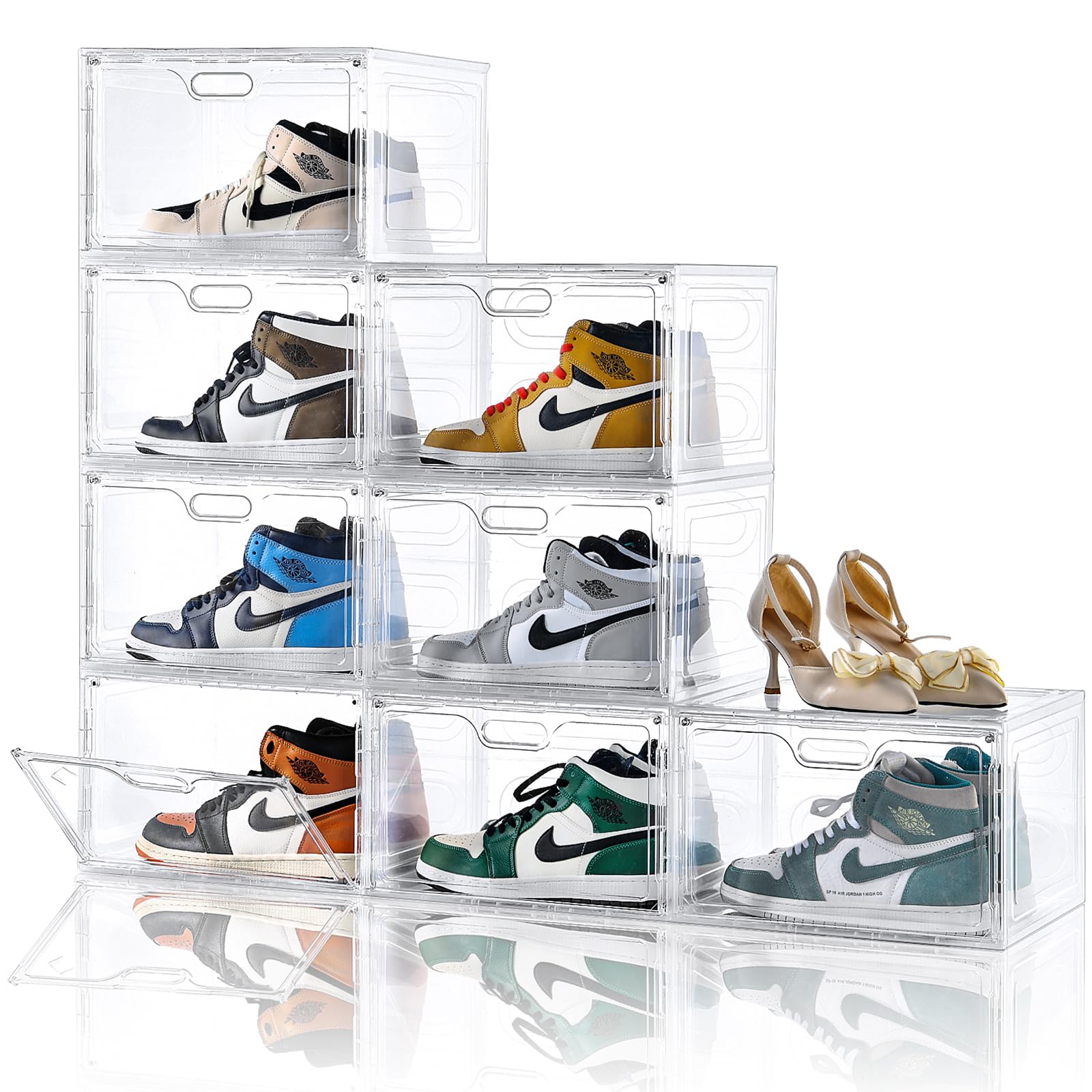 Amllas 8 Pack Shoe Boxes Clear Plastic Stackable, Large Shoe Storage Organizer with Lids,Drop Side Shoe Containers for Entryway,